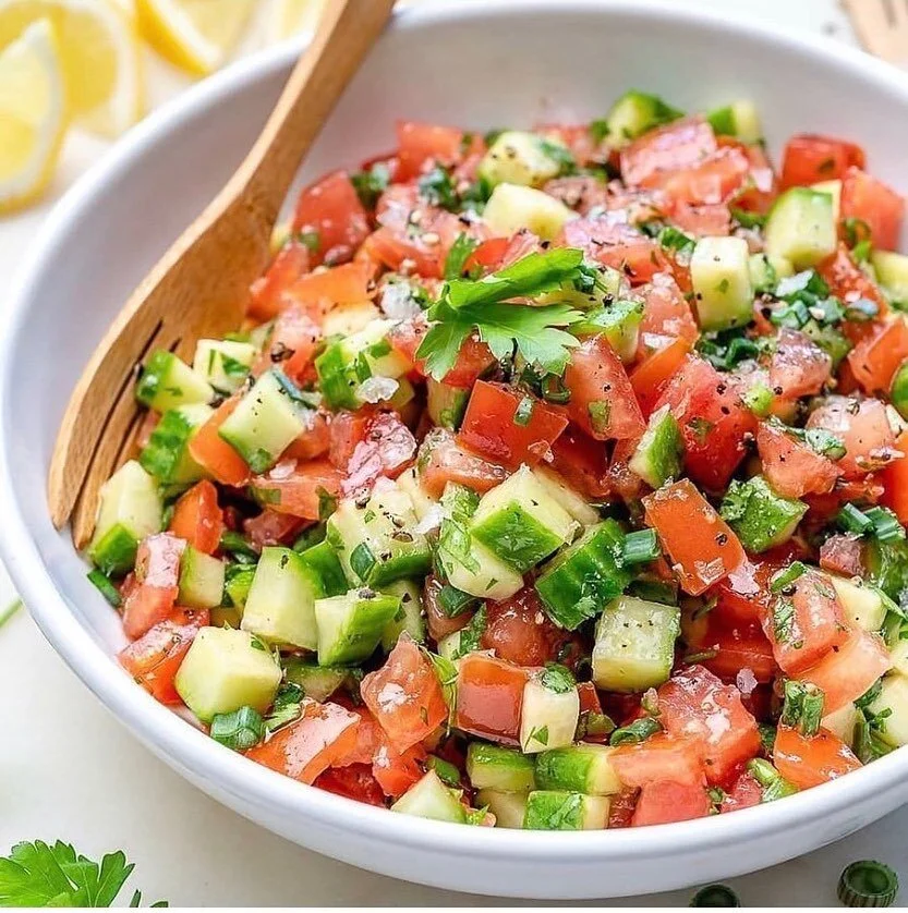 Delicious Persian Shirazi salad. It has chopped cucumber, tomato, onions, with fresh lemon or lime juice and mint. #idealproteinrecipes #idealprotein #weightloss #diet #yummy #salad #lowcarb #keto #phase1