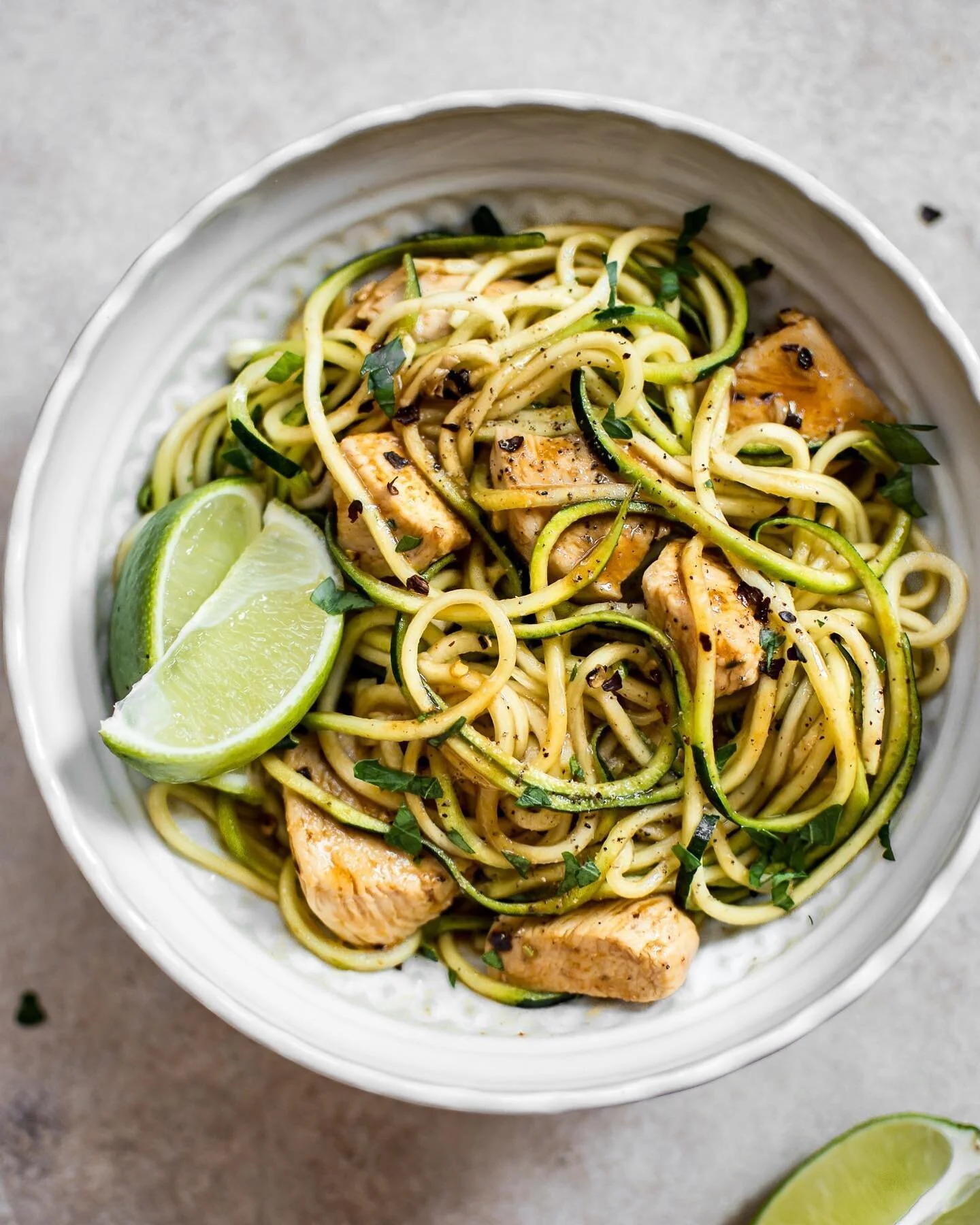 Delicious dinner idea. 
2-3 boneless, skinless chicken breasts cut into bite-size pieces
1 tablespoon olive oil
2 medium zucchini spiralized on medium setting
2 cloves garlic minced
2 tablespoons sriracha sauce or more to taste
2 tablespoons Walden f