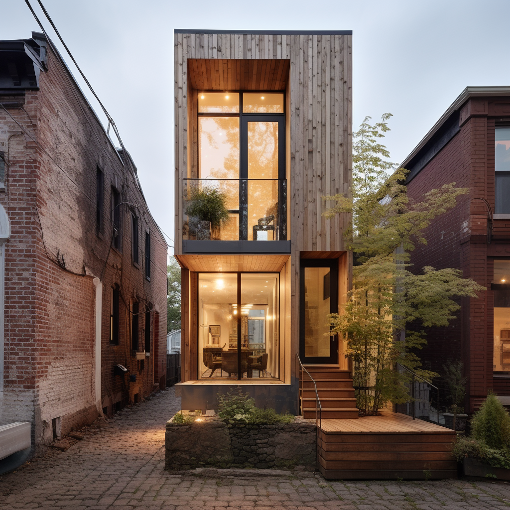 Urban infill residential architecture project with wood siding, large windows, and a stoop designed for a site in Raleigh North Carolina.