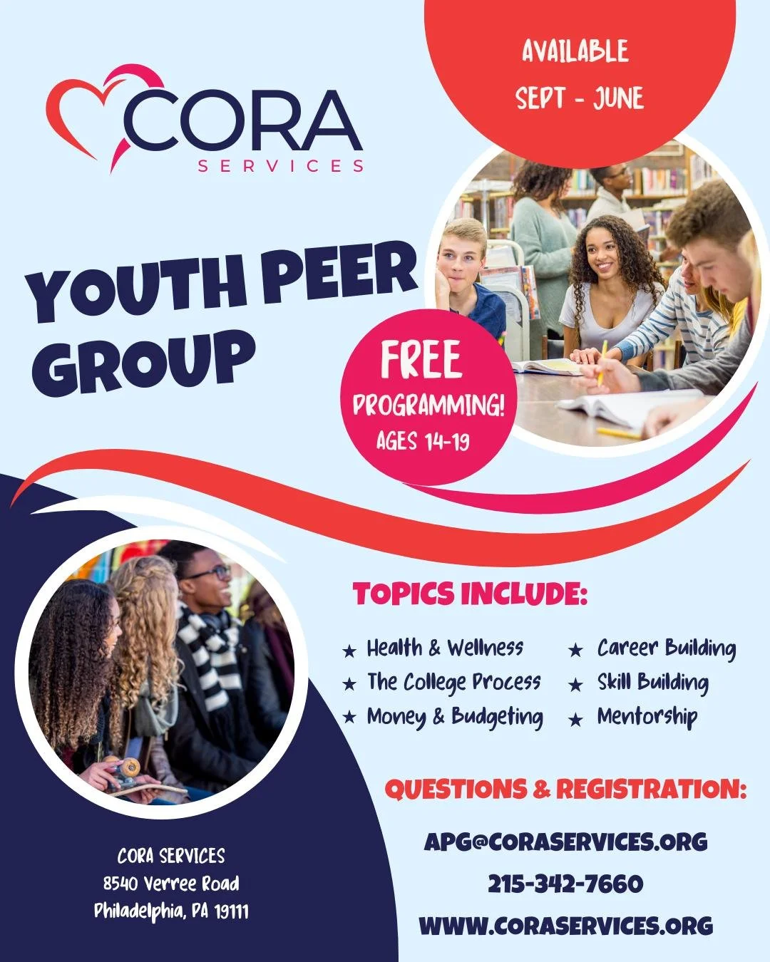 ✨ Looking for a safe, supportive space for teens to connect and grow?

CORA&rsquo;s Youth Peer Group is a FREE program for ages 14&ndash;19 in Philadelphia. 
Build confidence, community, and real-life skills alongside peers in a supportive environmen