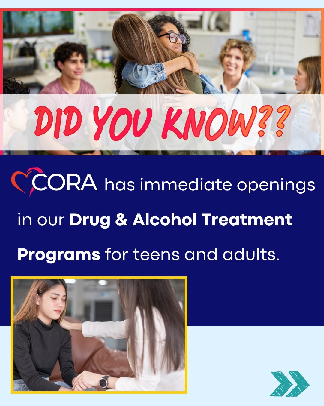 🧭✨ Help is available when it&rsquo;s needed most.  Immediate openings available!

💙 CORA&rsquo;s Drug &amp; Alcohol Services provide compassionate, nonjudgmental support for teens and adults, including:
✅ Assessment
✅ Individual counseling
✅ Family