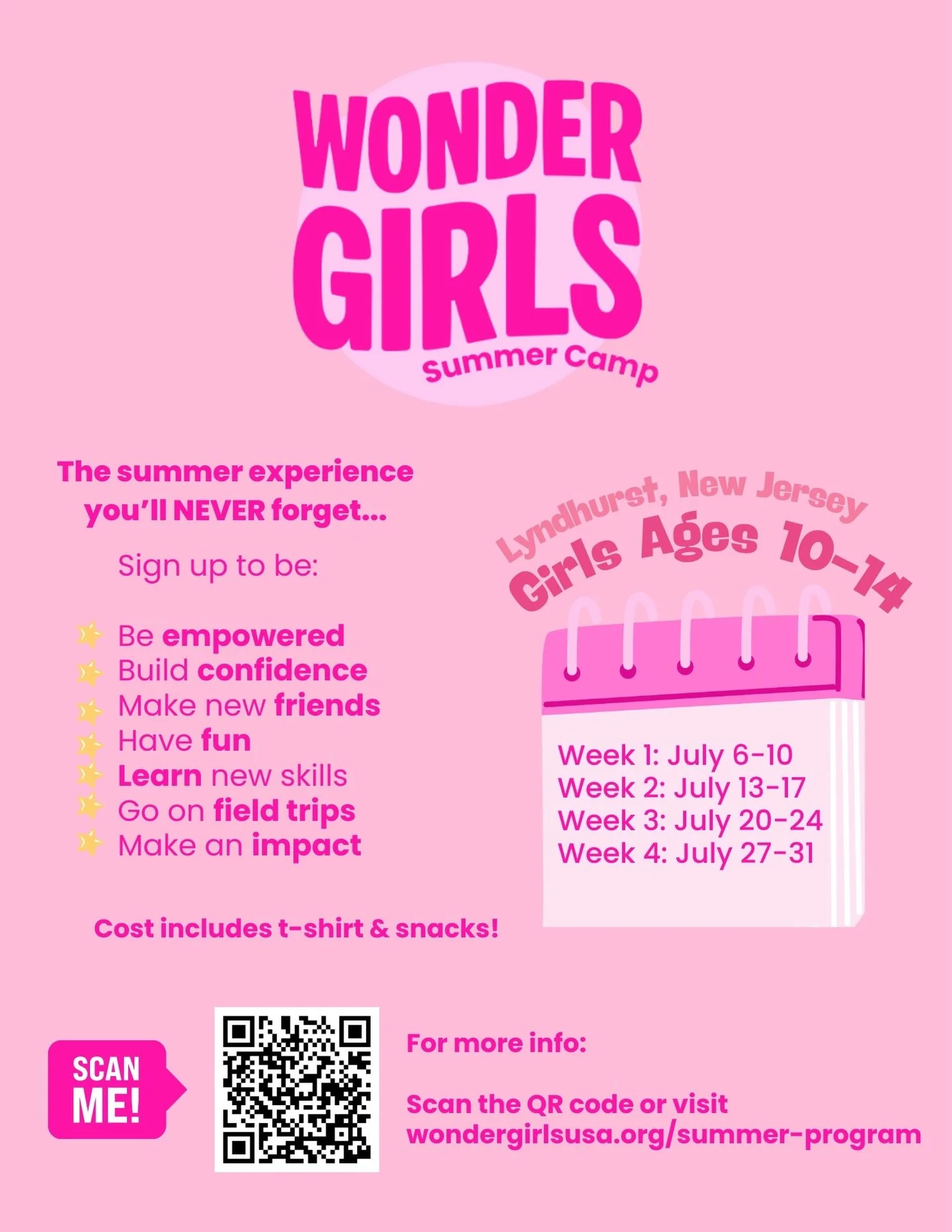 Hey WONDER GIRL Campers! Our popular summer camp is back and we've now added a full month!  This camp is for girls [ages 10 -14], held in Lyndhurst, NJ, and led by a certified-bilingual teacher and our very own college and high school WG counselors!&