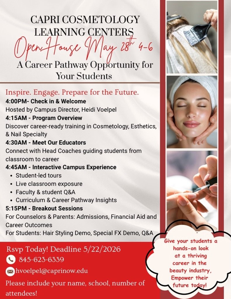 ✨ Hey Wonder Girls, come explore your future in the beauty industry! ✨
Join us for the Capri Cosmetology Learning Centers Open House on May 28th from 4&ndash;6 PM to discover hands-on opportunities in cosmetology, esthetics, and nail specialty 💄💇🏽