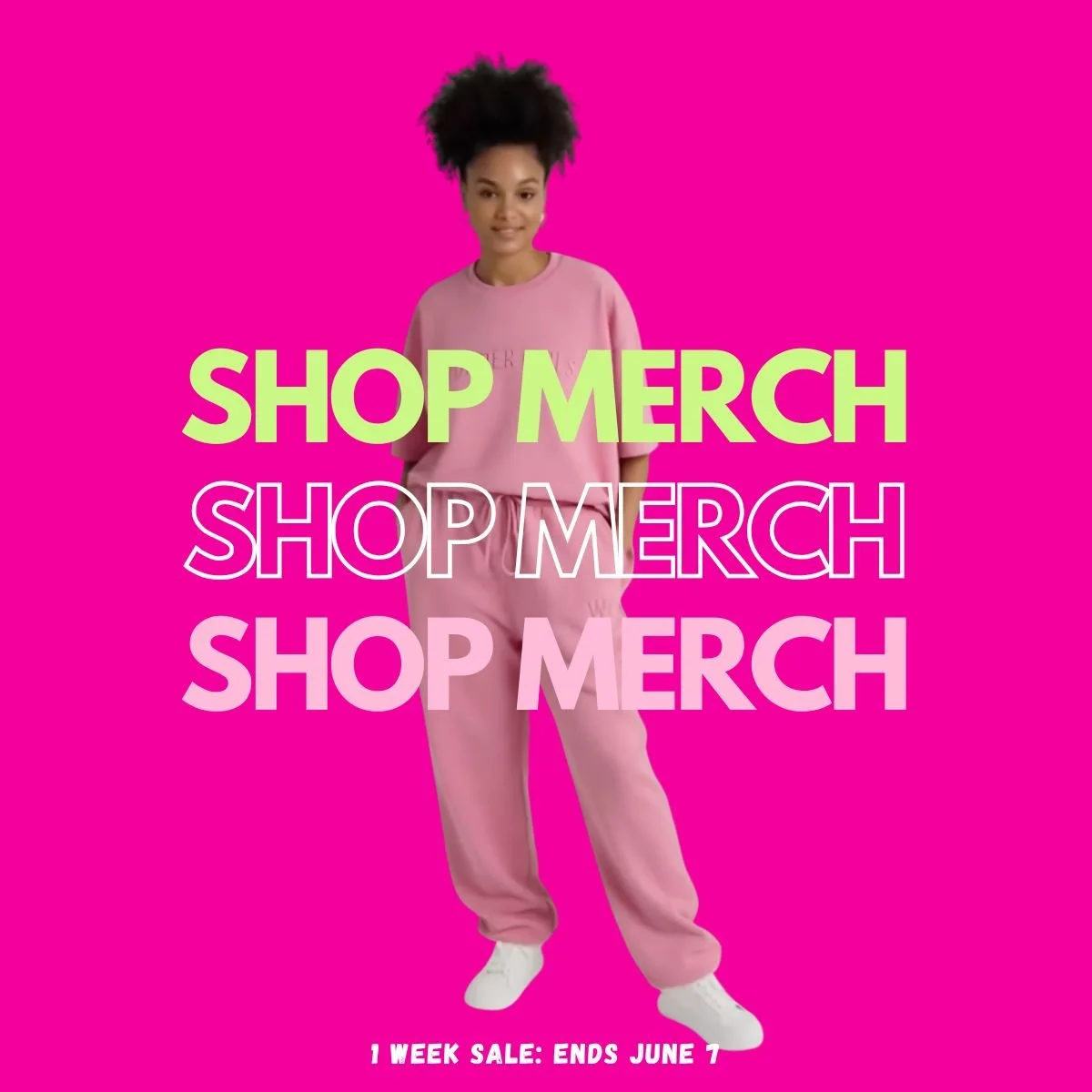 A woman wearing a pink outfit standing against a bright pink background with bold colorful text that says "Shop Merchs" repeated three times in green, white, and pink.