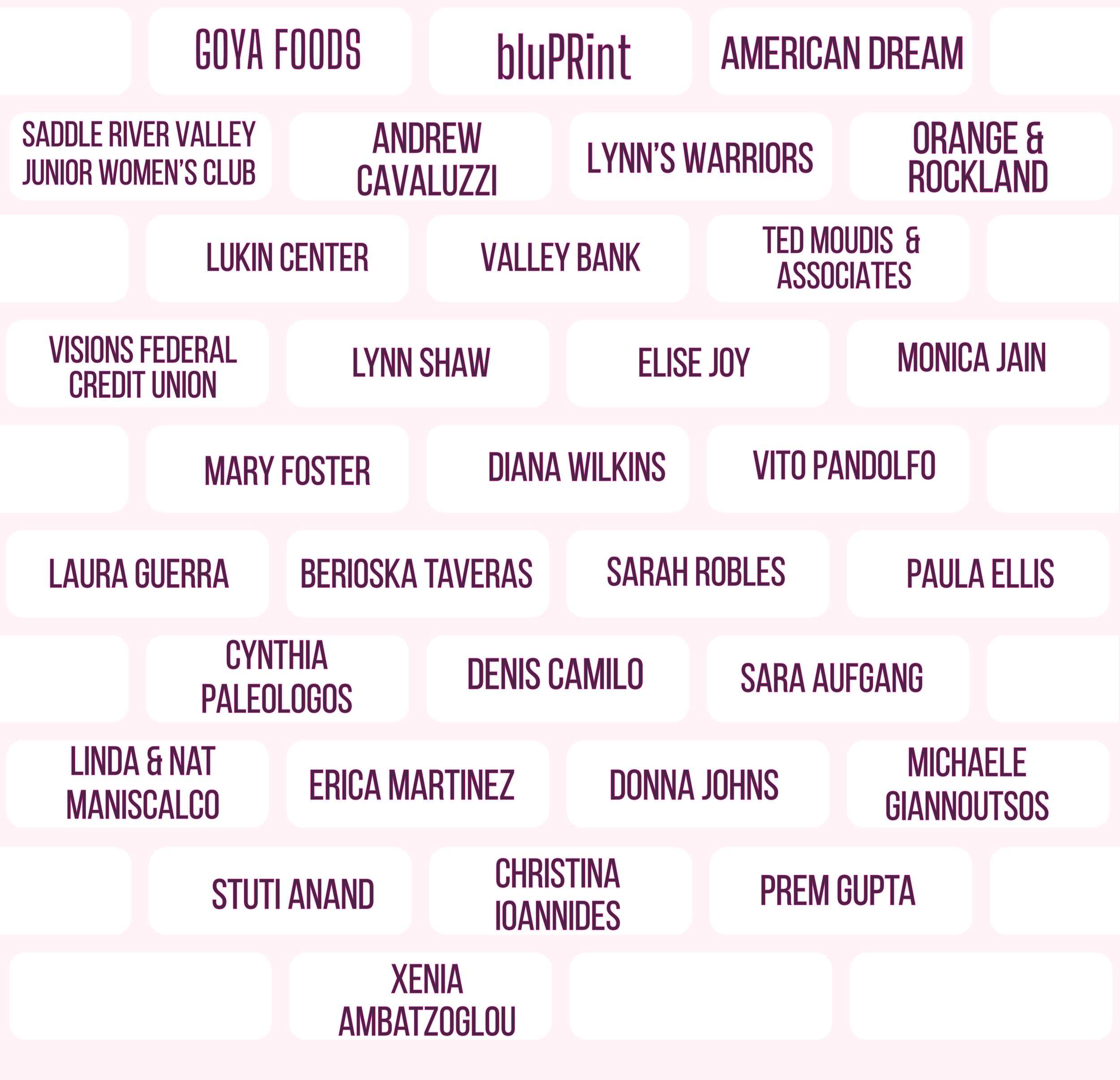 Collection of names in purple text on white background, including Goya Foods, bluPrint, American Dream, Saddle River Valley Junior Women's Club, Andrew Cavaluzzi, Lynn's Warriors, Orange & Rockland, Lukin Center, Valley Bank, Ted Moudis & Associates, Visions Federal Credit Union, Lynn Shaw, Elise Joy, Monica Jain, Mary Foster, Diana Wilkins, Vito Pandolfo, Linda & Nat Maniscalco, Erica Martinez, Christina Ioannides, Xenia Ambatzoglou, Sarah Robles, Paul A. Ellis, Michelle Giannoutsos, Stuti Anand, Denuo Gujral, Sarah Aufgang.