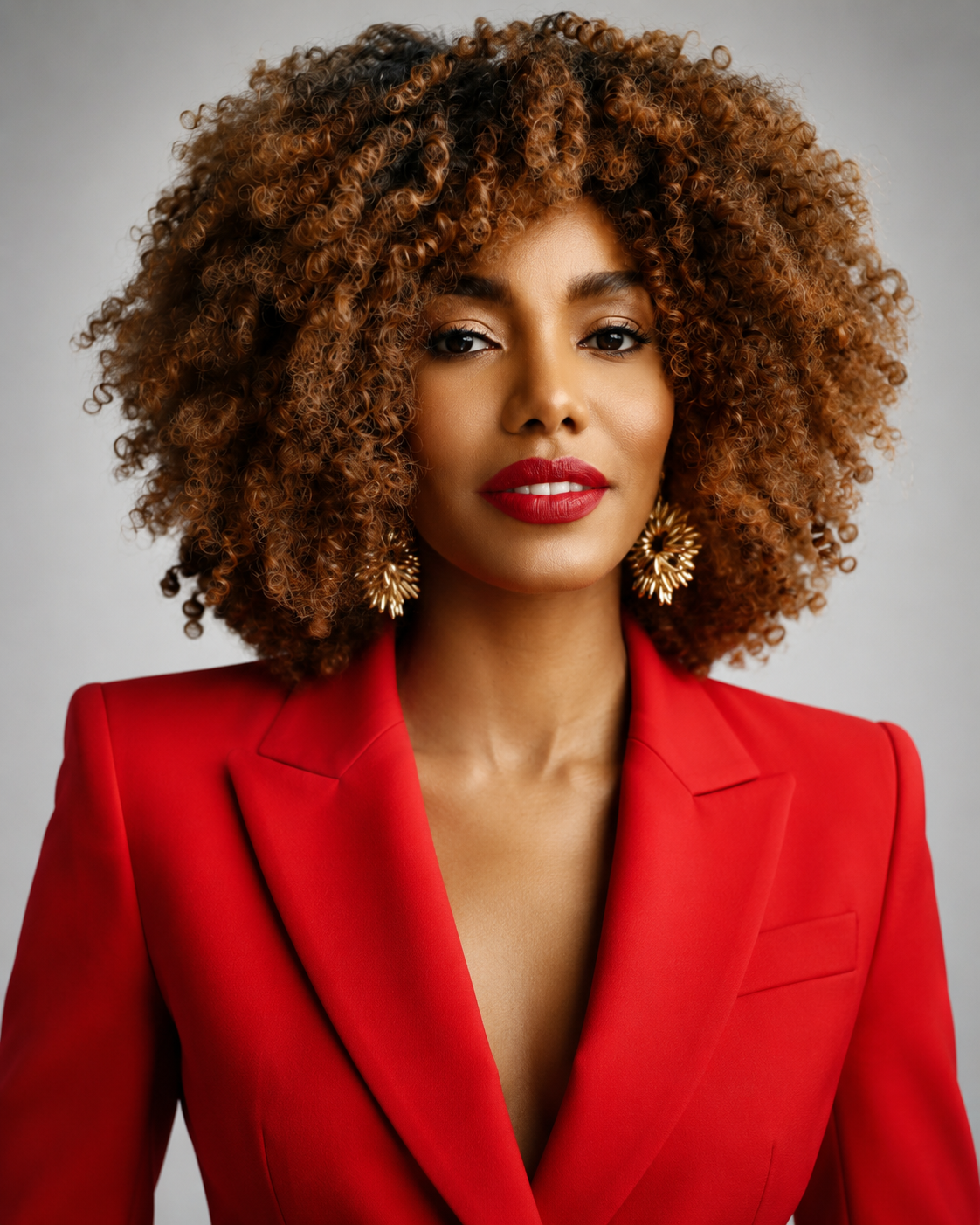 woman in red suit and big curly hair