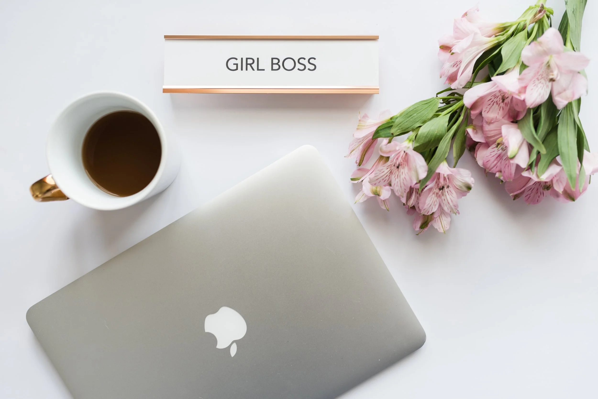 stock mandy Liz desktop photo with computer coffee and flowers. Girl boss blog by Southern California brand photographer Sharon Wallace Photography
