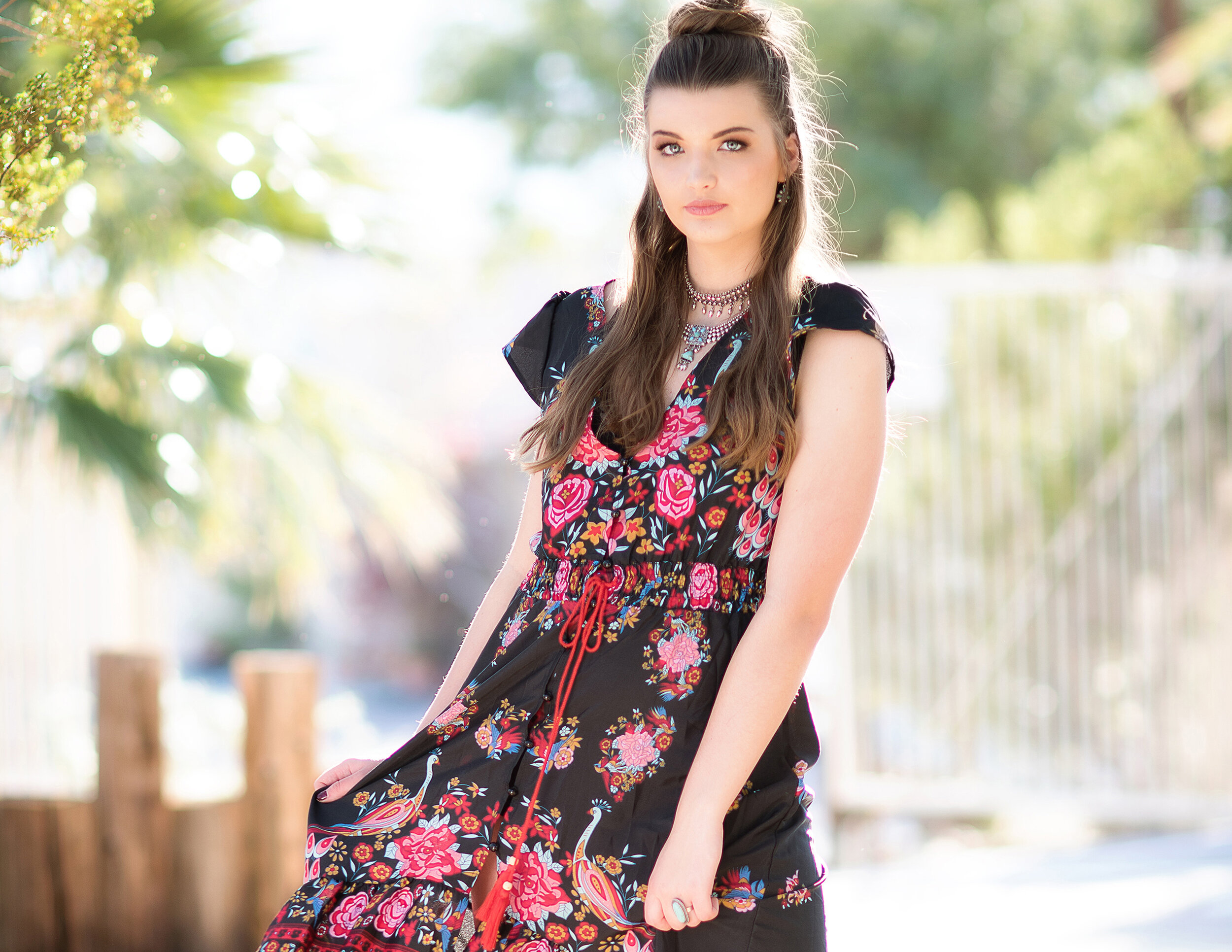 Victorville California Southern California Senior Girl at desert photoshoot with floral dress, and southwest jewelry by Sharon Wallace Photography