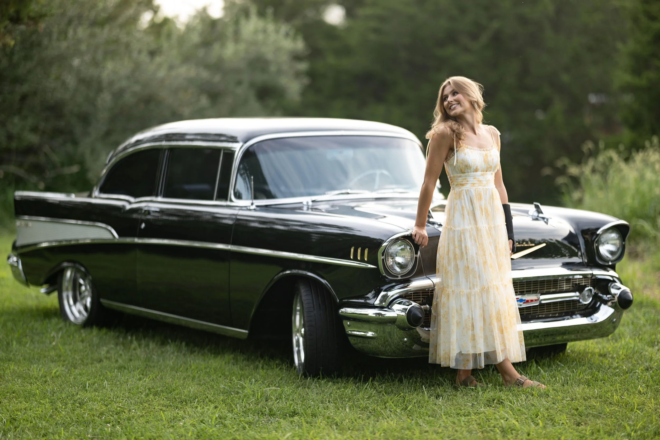 Marion Illinois Senior Girl in Dress by stunning Vintage car in the Golden hour Marion Illinois