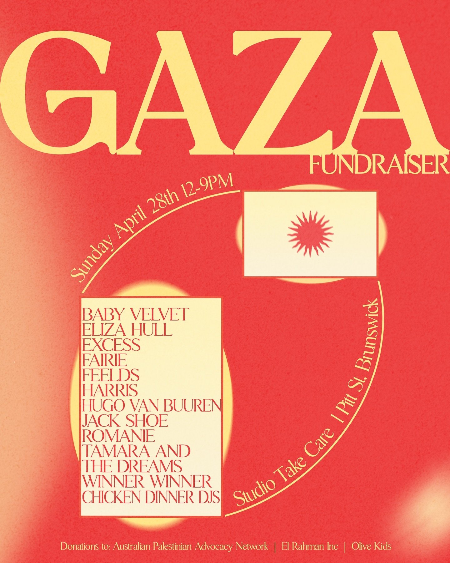 THIS WEEKEND! $20. This Gaza Fundraiser is a collaboration of Naarm/Melbourne creative community, standing in solidarity with Gaza.&nbsp;

It&rsquo;s going to be a really special day with some incredible musicians + DJs playing in our chapel, here at
