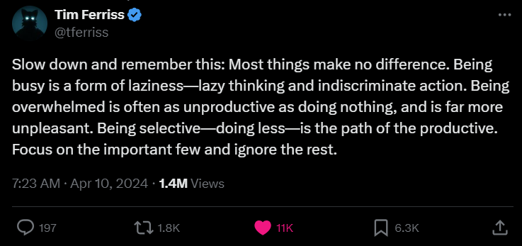 Tim Ferriss providing a view on busyness being a form of laziness.