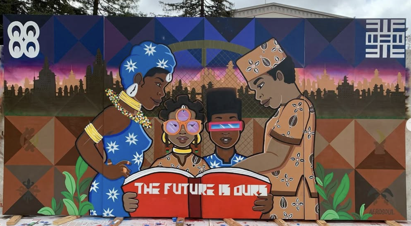 Juneteenth Mural at Oakland Museum of California Arts. Led & designed by Yomi with the support of Aerosoul Collective and Lauryn.