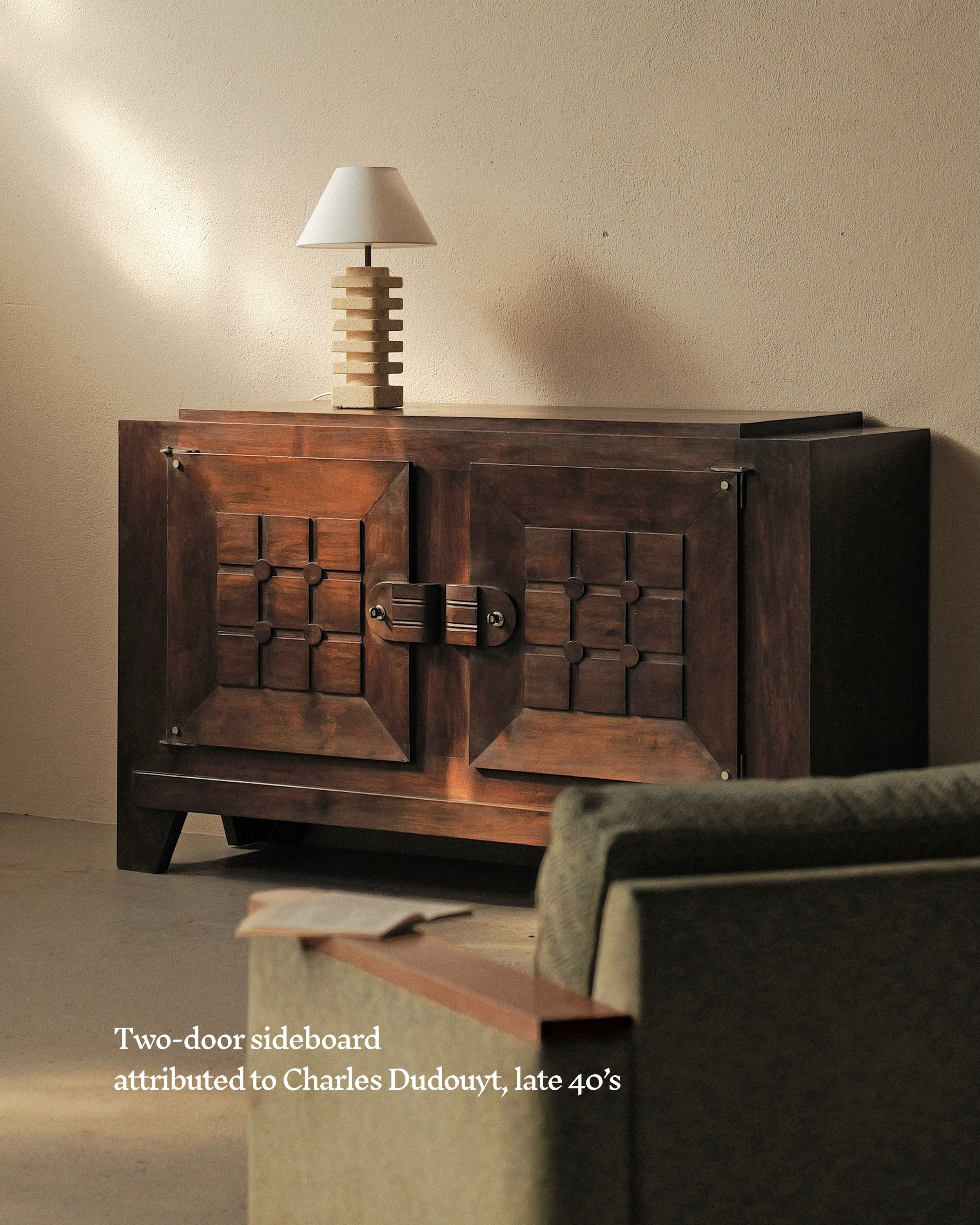 Two-door sideboard attributed to Charles Dudouyt for La Gentilhommi&egrave;re, late 40&rsquo;s
A closely related three-door model was published in Meubles Nouveaux by Guillaume Janneau in 1943 and in Le D&eacute;cor d&rsquo;Aujourd&rsquo;hui in 1948.