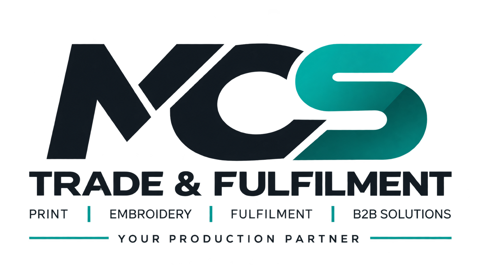 Logo for MCS Trade & Fulfillment with text: Print, Embroidery, Fulfillment, B2B Solutions, Your Production Partner.
