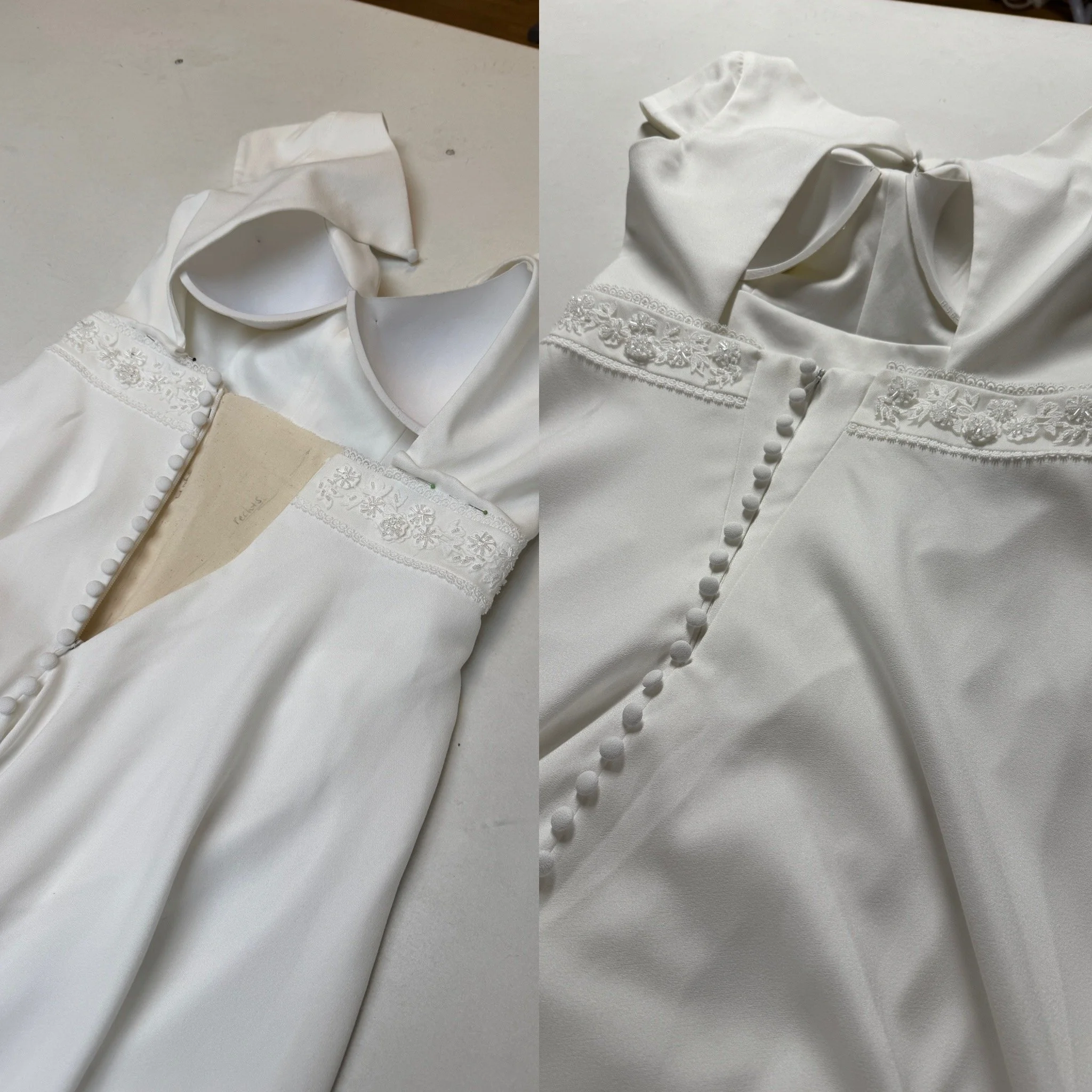 De jurk zat net te strak. Ik heb er een stuk stof tussen gezet. Linker foto: stukje stof wat te kort kwam. Rechter foto: het eindresultaat.