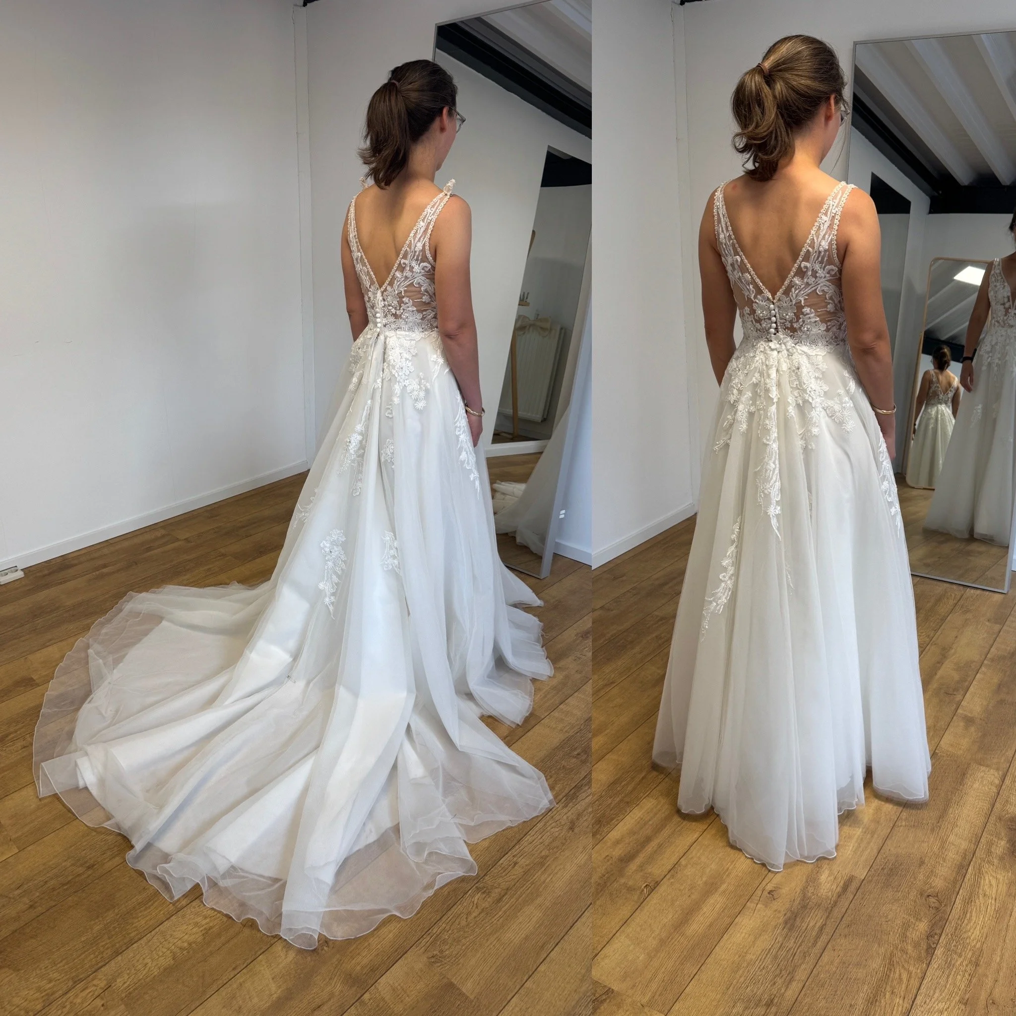 Voor en na foto. De jurk links was te groot en ze wou graag de sleep eraf. Rechts het eindresultaat.