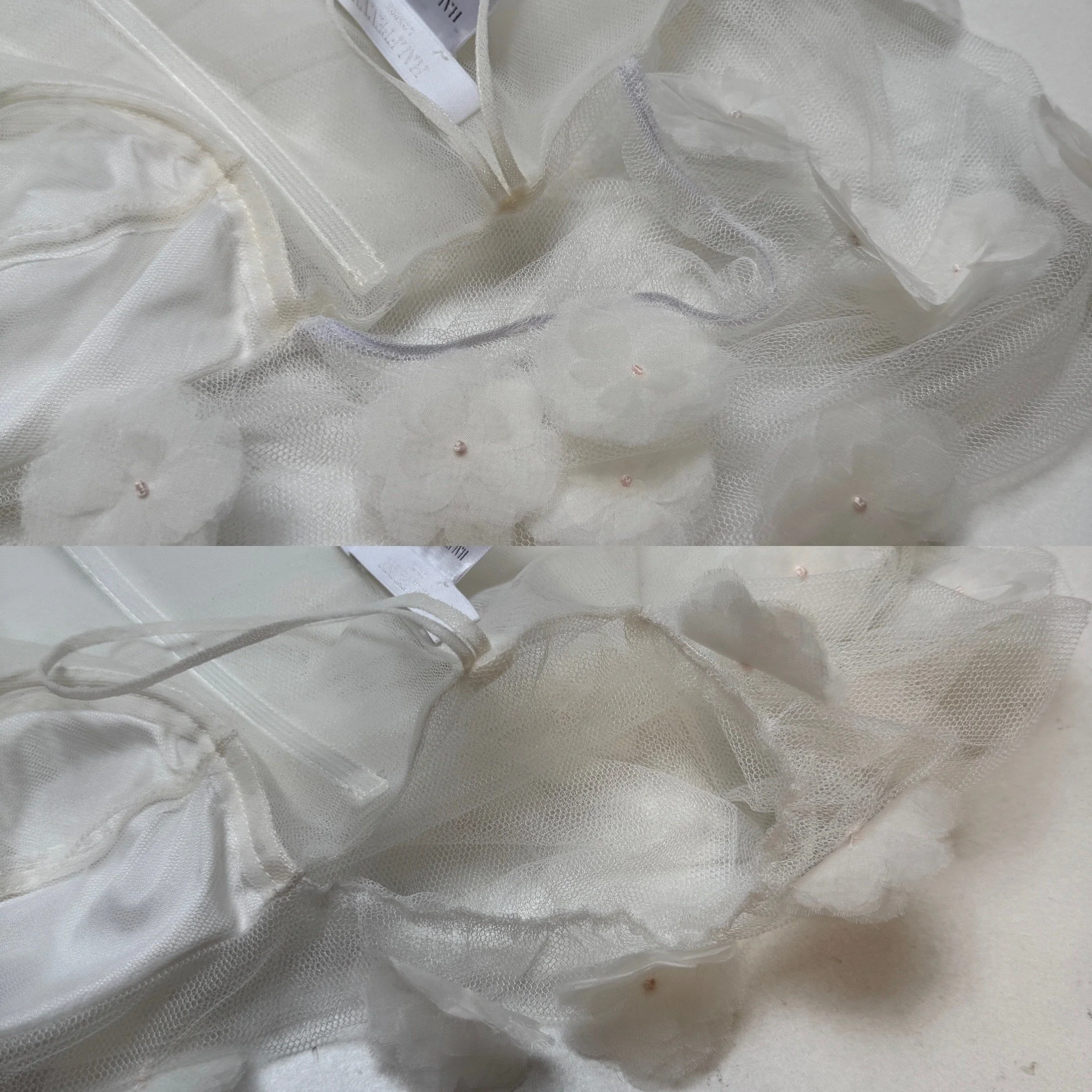 Bovenste foto: er zat in de mouwtjes een blauwig elastiekje. Onderste foto: die heb ik vervangen voor een doorzichtig elastiek.