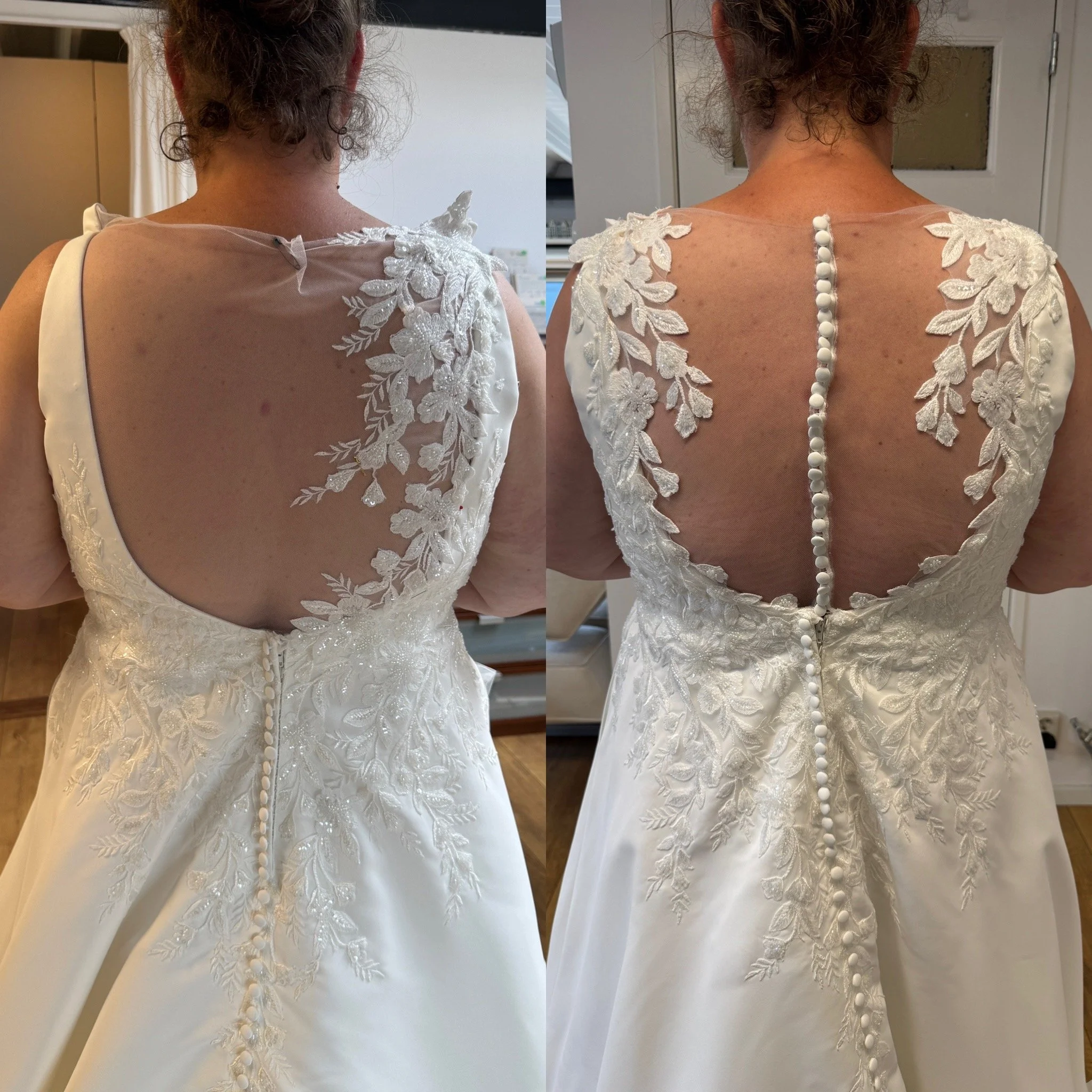 De rug van een jurk aangepast. Links hoe ze binnenkwam. Ze wou de rug graag met knoopjes en de bloemen graag symmetrisch. Ik heb er een nieuw rugpand ingezet met knoopjes en lusjes.