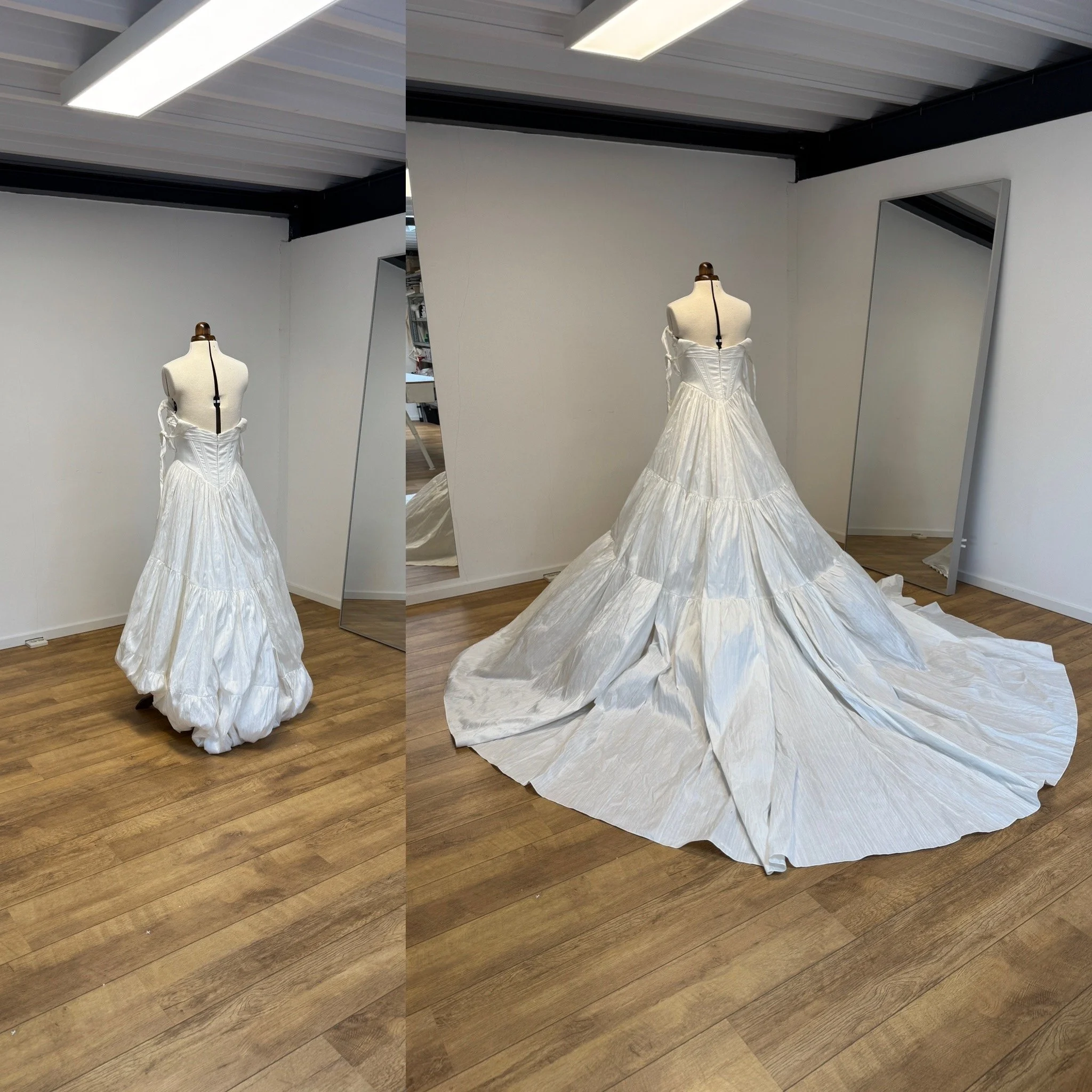 Hier een voorbeeld van een ophangsysteem. Links: aan lindjes opgehangen in de voering. rechts: los