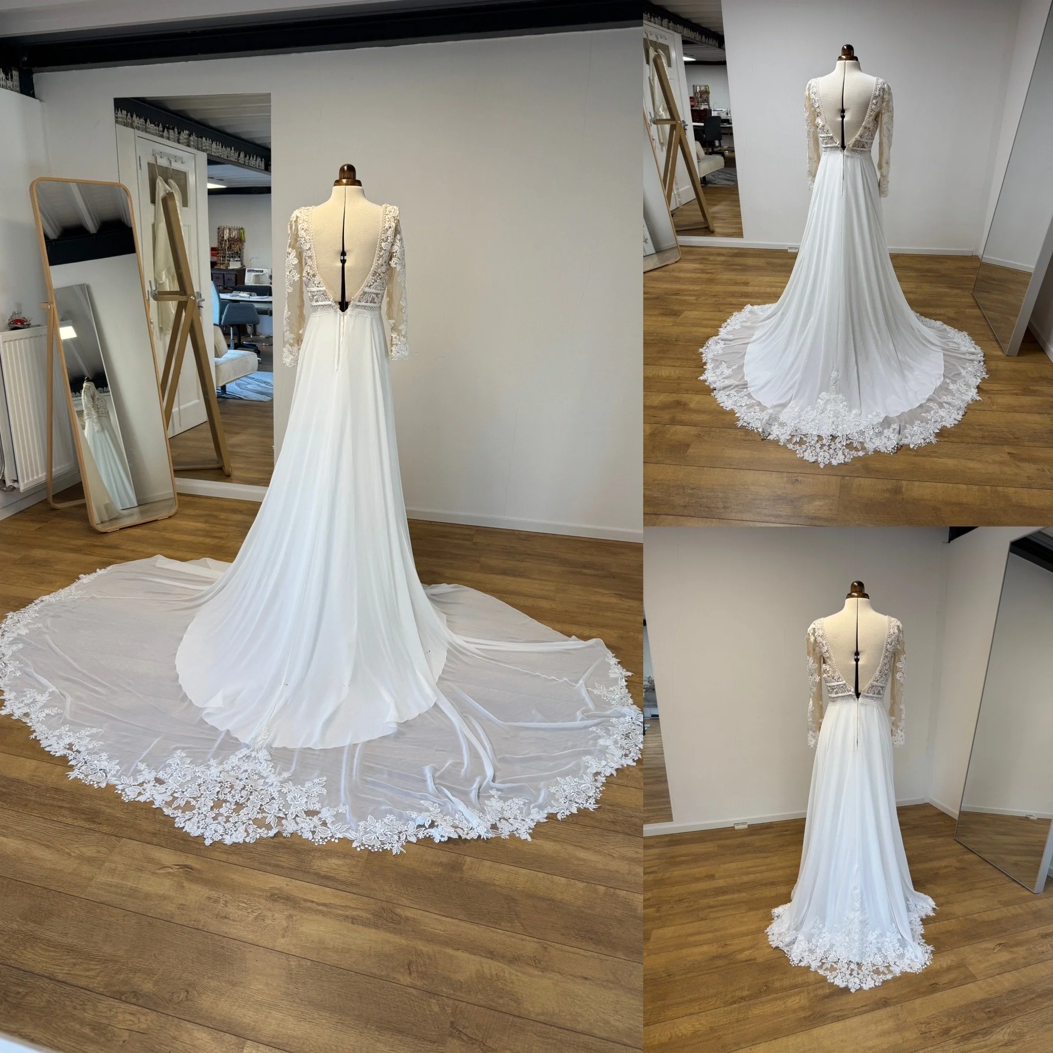 De sleep van deze jurk heb ik 2x ingenomen. Eerst een stukje korter dat was nog niet naar wens. Toen heb ik hem nog een stuk ingenomen zodat ze veel meer bewegingsvrijheid had.