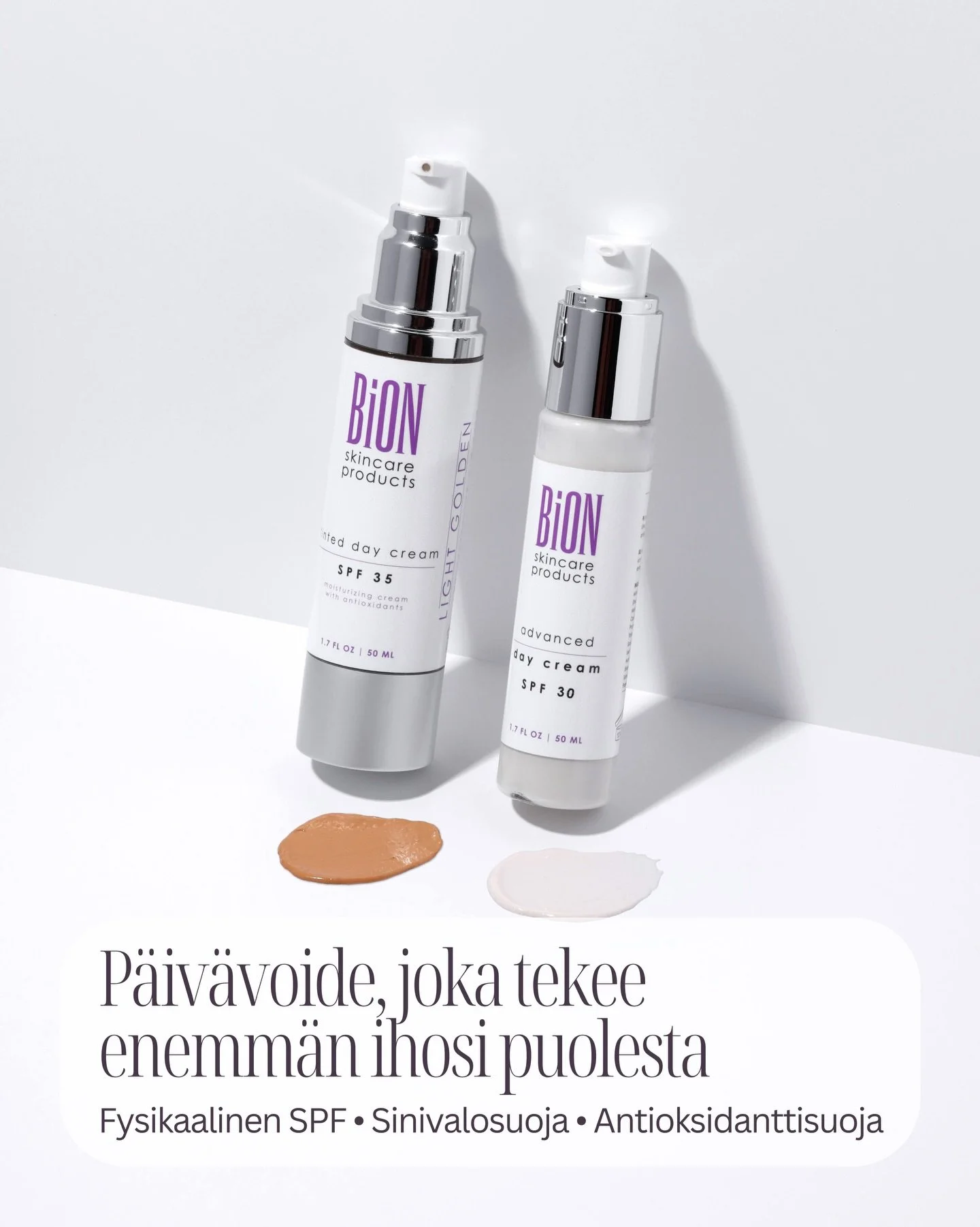 BiON Skincare on kehitt&auml;nyt p&auml;iv&auml;voiteen, jonka avulla ihon suojaaminen on helppo osa p&auml;ivitt&auml;ist&auml; ihonhoitoa ymp&auml;ri vuoden. Kun suoja on rakennettu suoraan p&auml;iv&auml;voiteeseen, se tulee k&auml;ytetty&auml; ju
