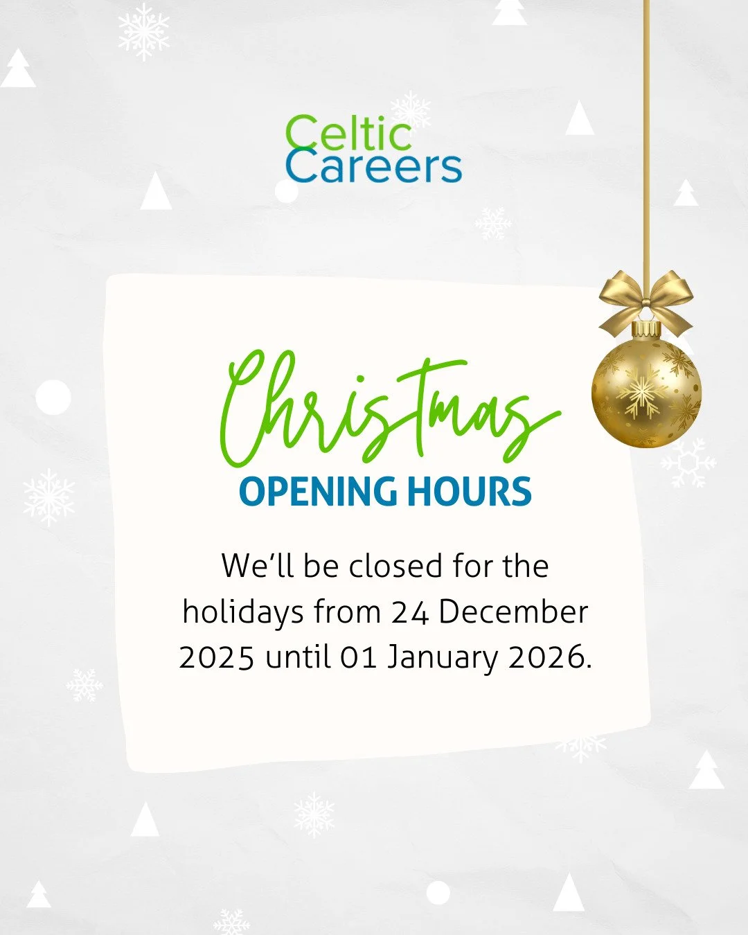 Our team will be taking a short ⏸️ break this Christmas. Here's a quick look at our opening hours:

🔴 Closed from: 24 December 2025 - 01 January 2026.
🟢 Reopening: 02 January 2026, Friday from 9am.

We wish all our clients, candidates, and partners