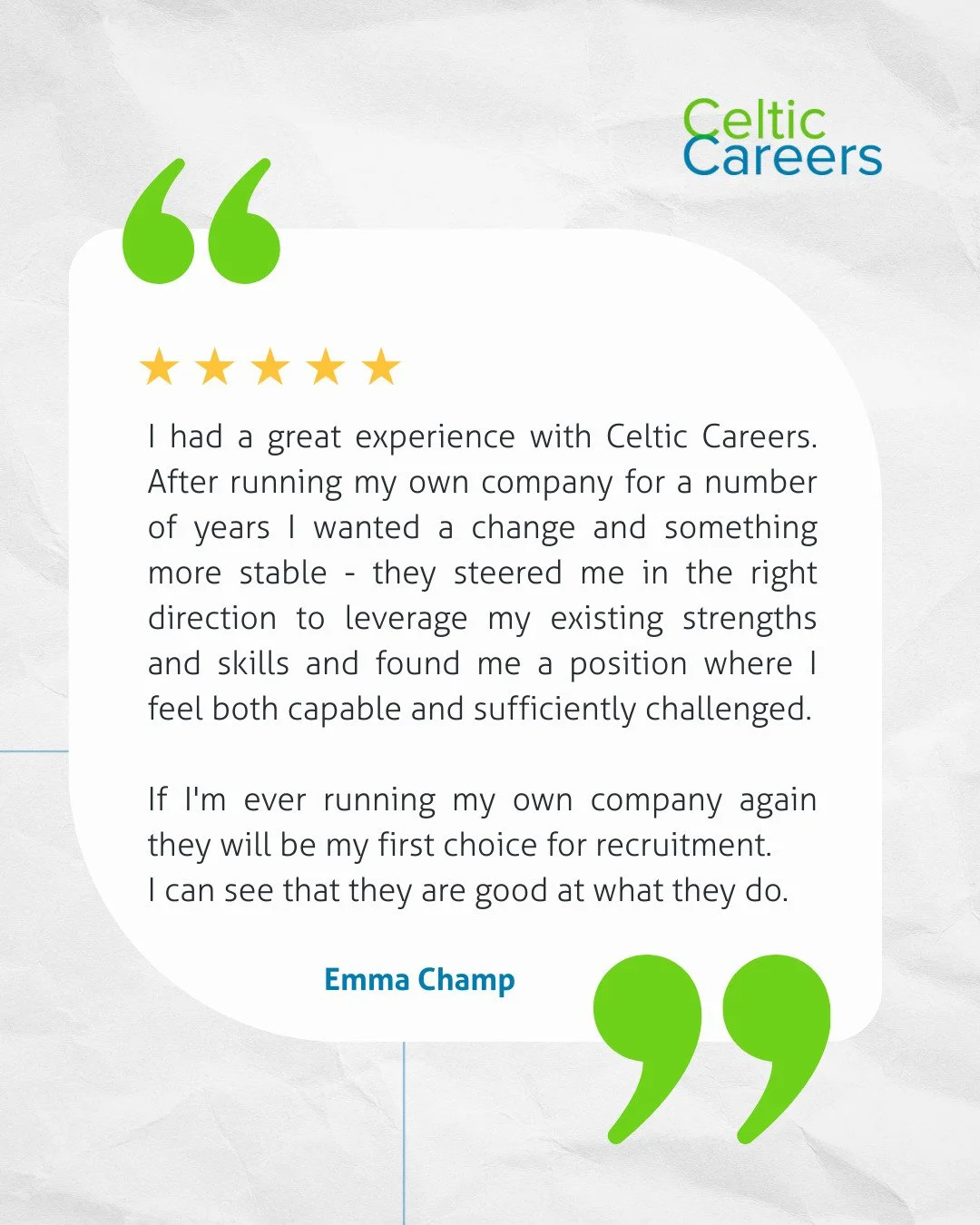 This feedback highlights our 🤝 commitment to listening, understanding individual goals, and aligning candidates with roles where they can succeed.

Thank you, Emma, for sharing your experience and for trusting Celtic Careers. 💚💙

#CandidateTestimo