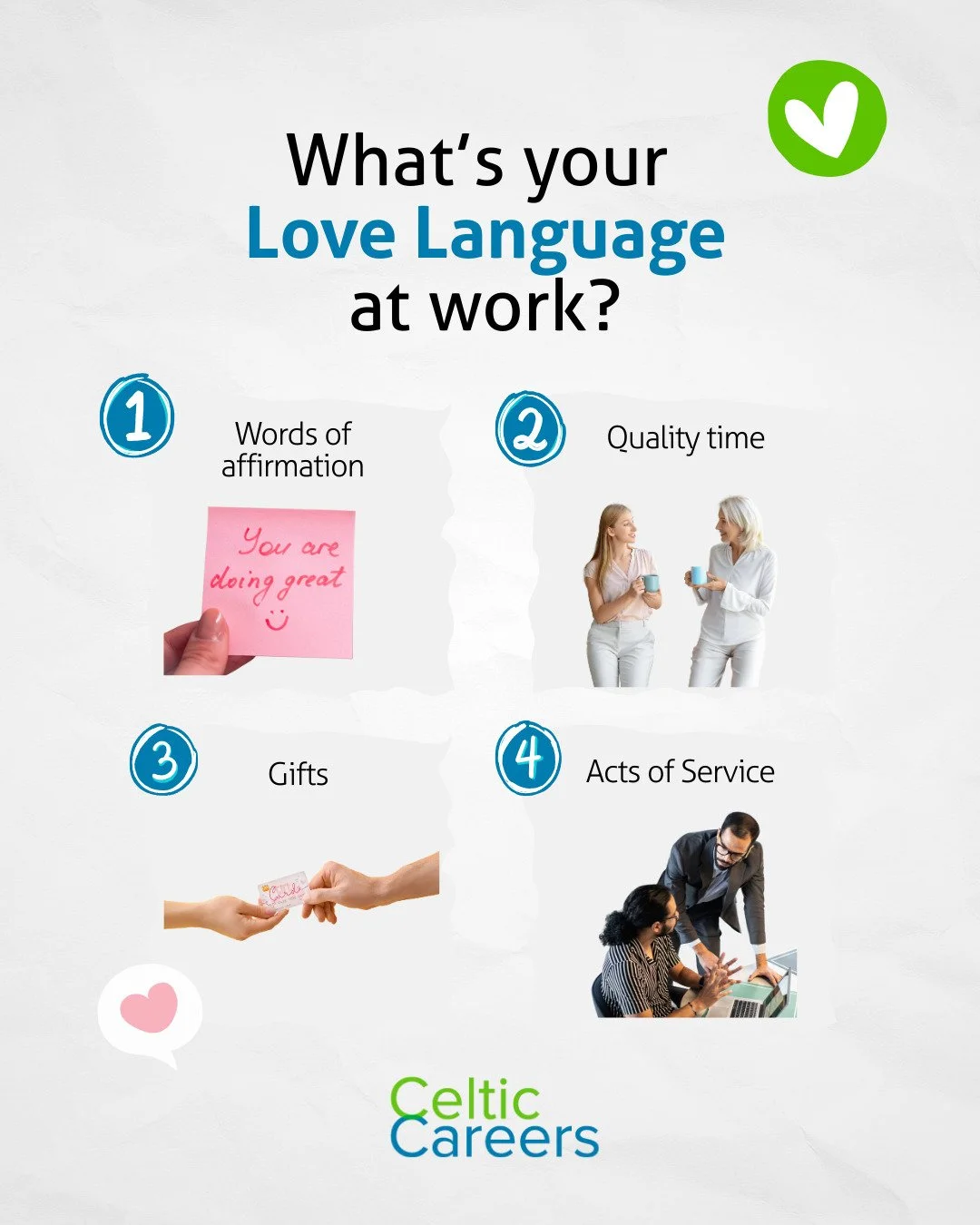 We all feel appreciated in different ways, so this Valentine&rsquo;s Day, let&rsquo;s discuss how you make people feel valued at work.

🗣️ Words of Affirmation: You say thank you and show appreciation for the effort your colleagues put into their wo