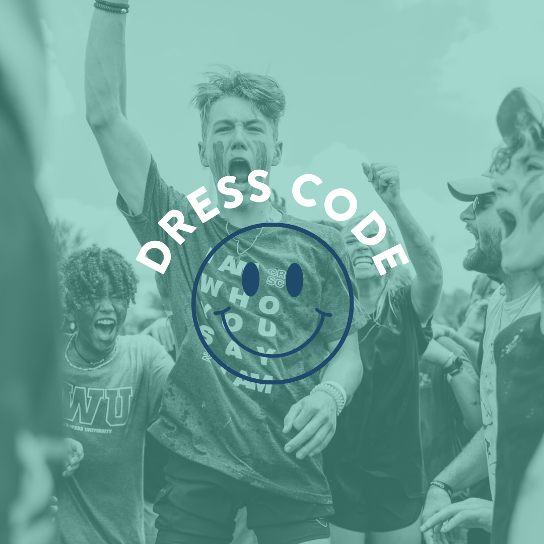 Group of people cheering and smiling outdoors with a transparent overlay of a smiley face and the text 'DRESS CODE' in bold letters.