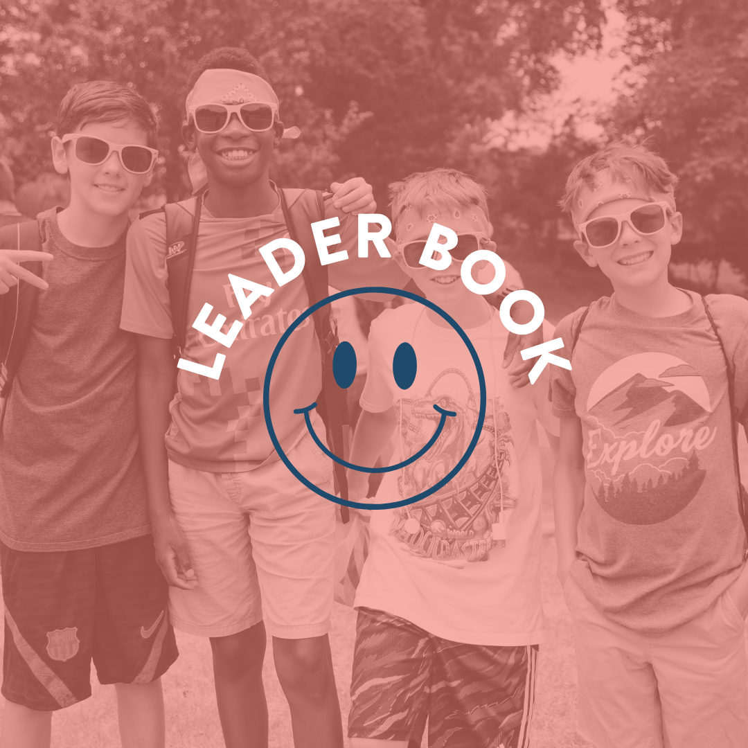 Four smiling boys wearing sunglasses and backpacks, with 'Leader Book' text and a smiley face overlay.
