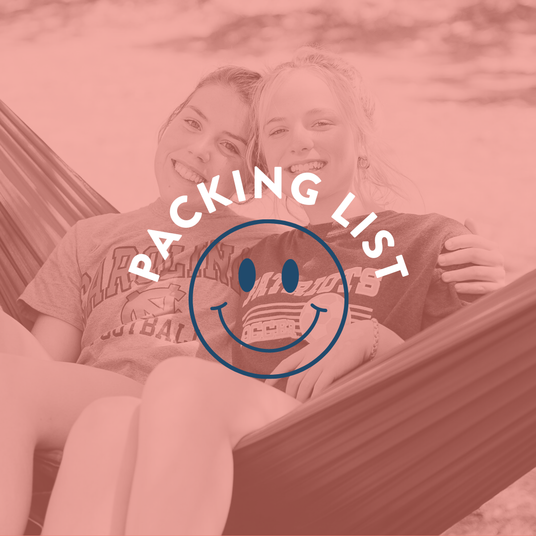 Two people sitting on a hammock, smiling at the camera, with the words 'Packing List' and a smiley face graphic overlaid.