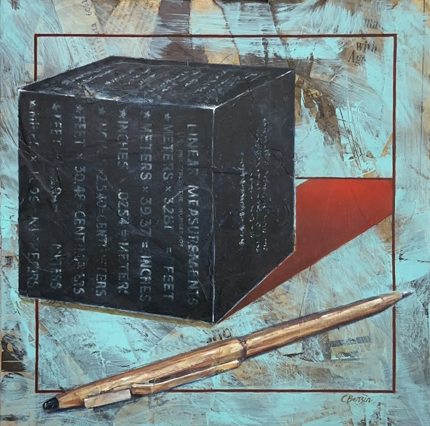 Cube and Pen, from the series 'Portrait of My Father"  -  oil and acrylic on collaged panel  -  12" x 12"