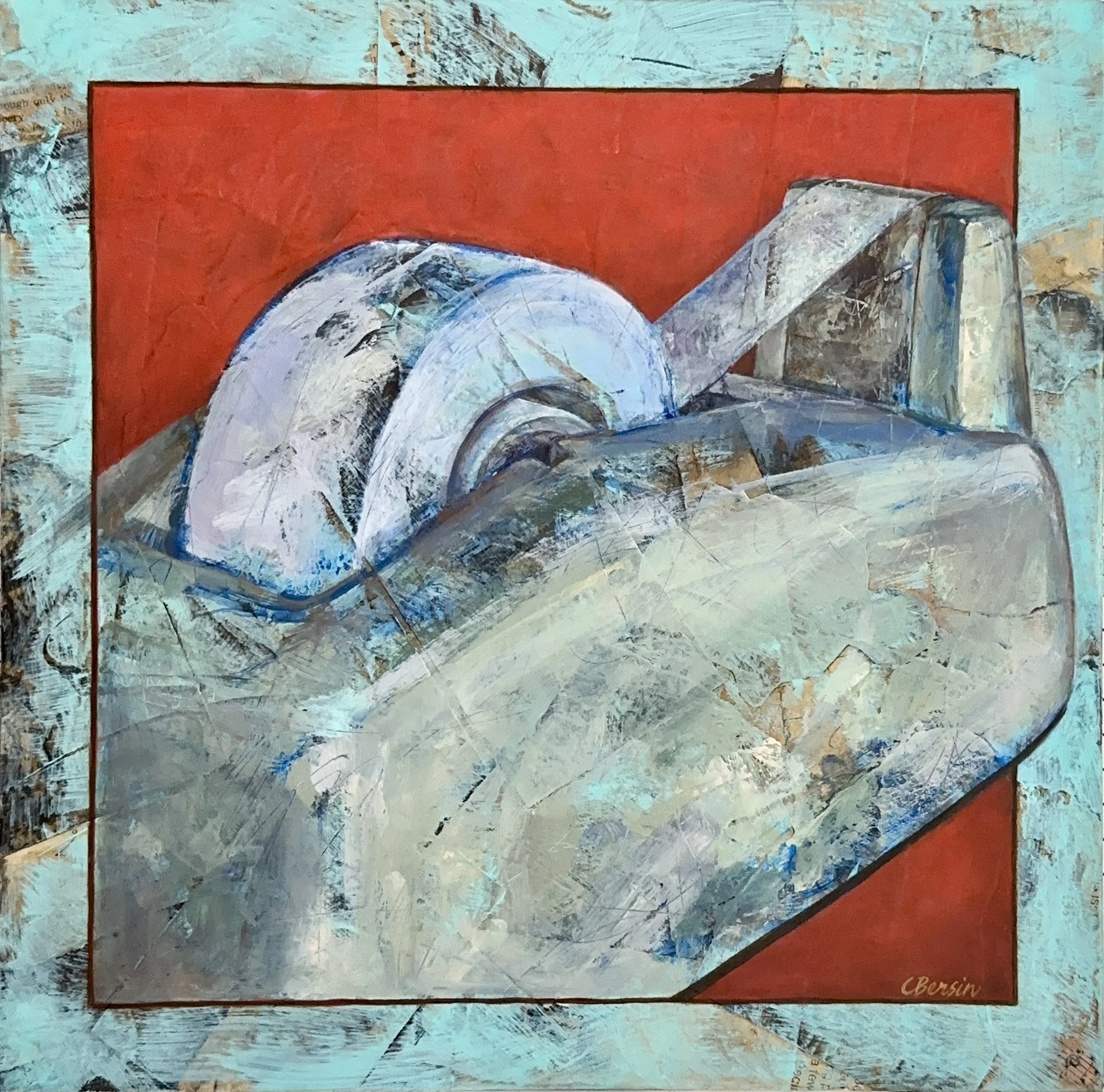 Tape Dispenser, from the series 'Portrait of My Father'  -  oil and acrylic on collaged panel  -  12" x 12"