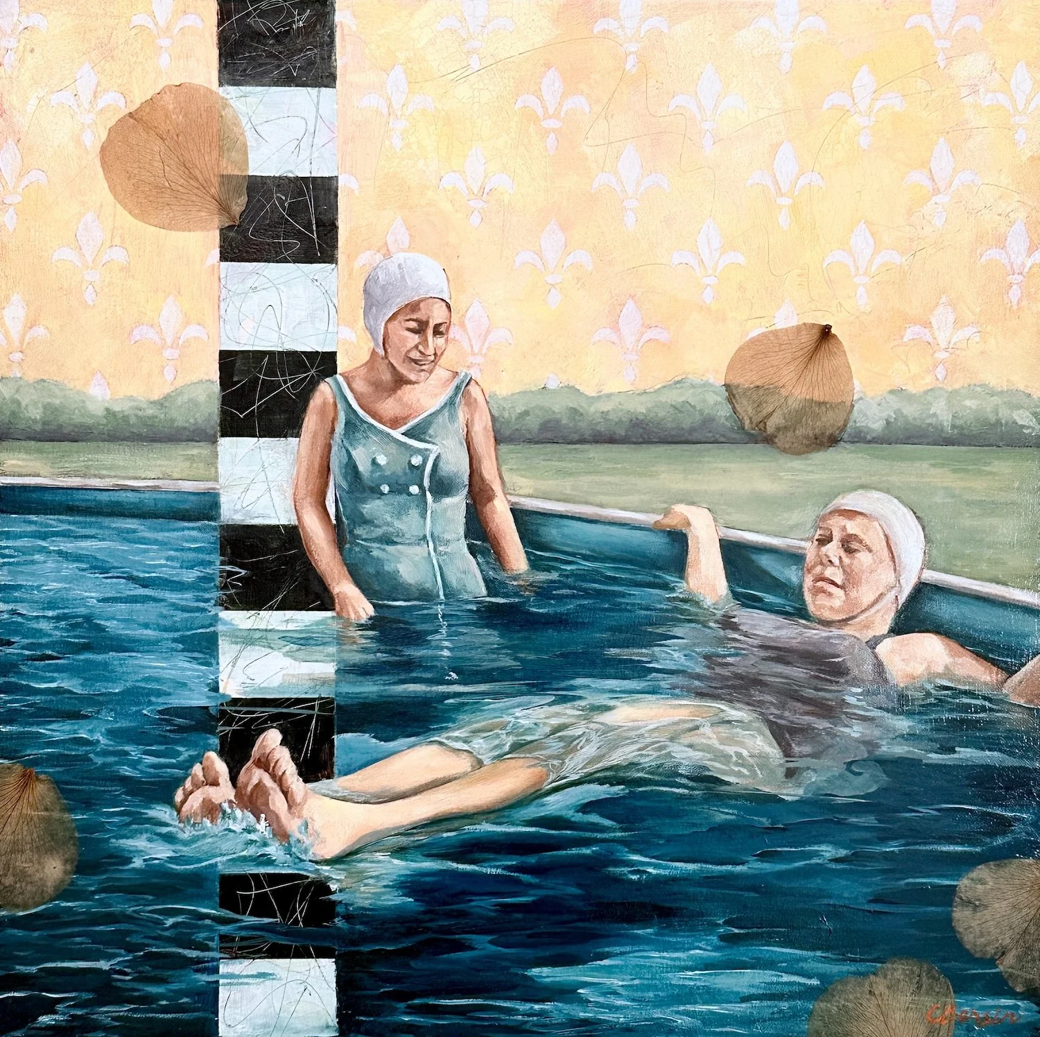 Hot Summer Day  -  oil, acrylic and rose petals on panel  -  12" x 12"