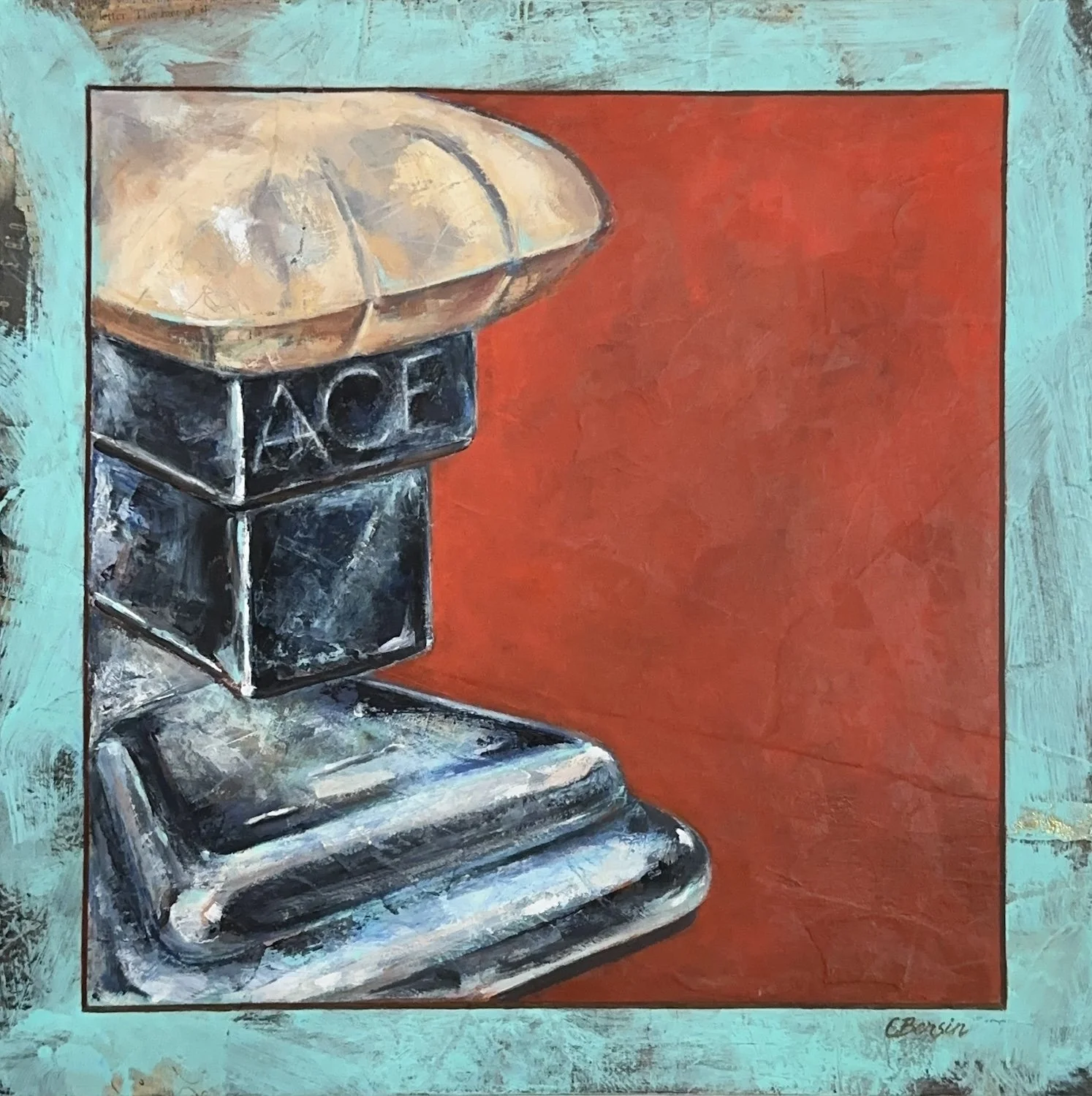 Stapler, from the series 'Portrait of My Father"  -  oil and acrylic on collaged panel  -  12" x 12"