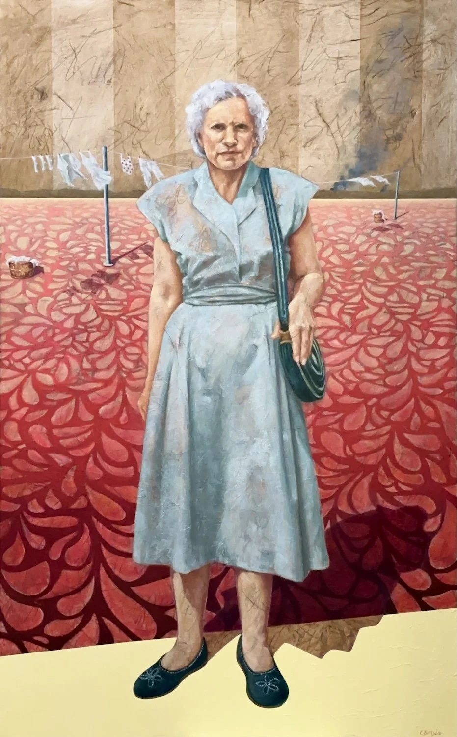 Fuck it. I'm going shopping  -  oil, acrylic and collage on canvas  -  30" x 48"