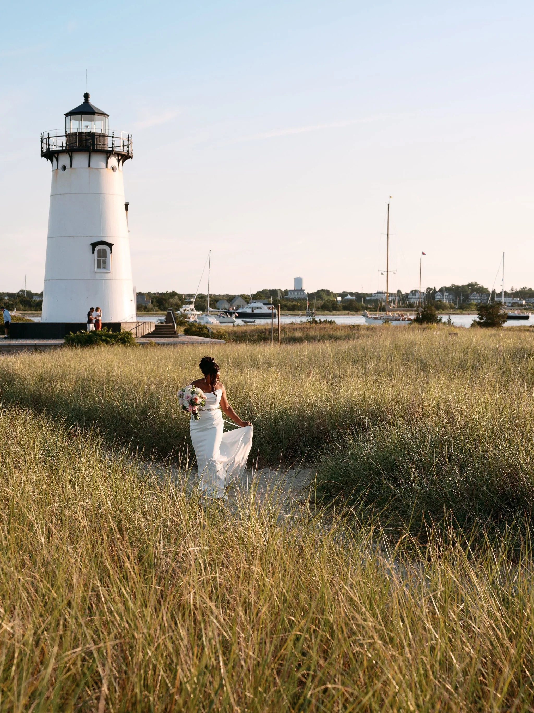 Bride Walking Through Beach Grass at Edgartown Lighthouse