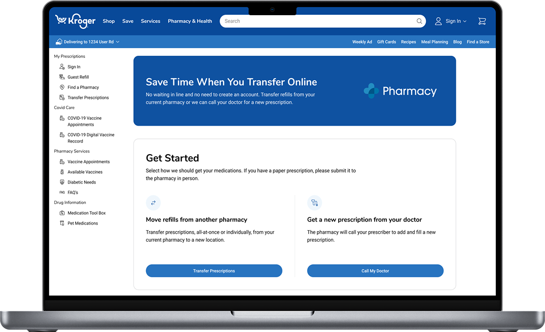 Redesigned prescription transfers landing screen on a laptop