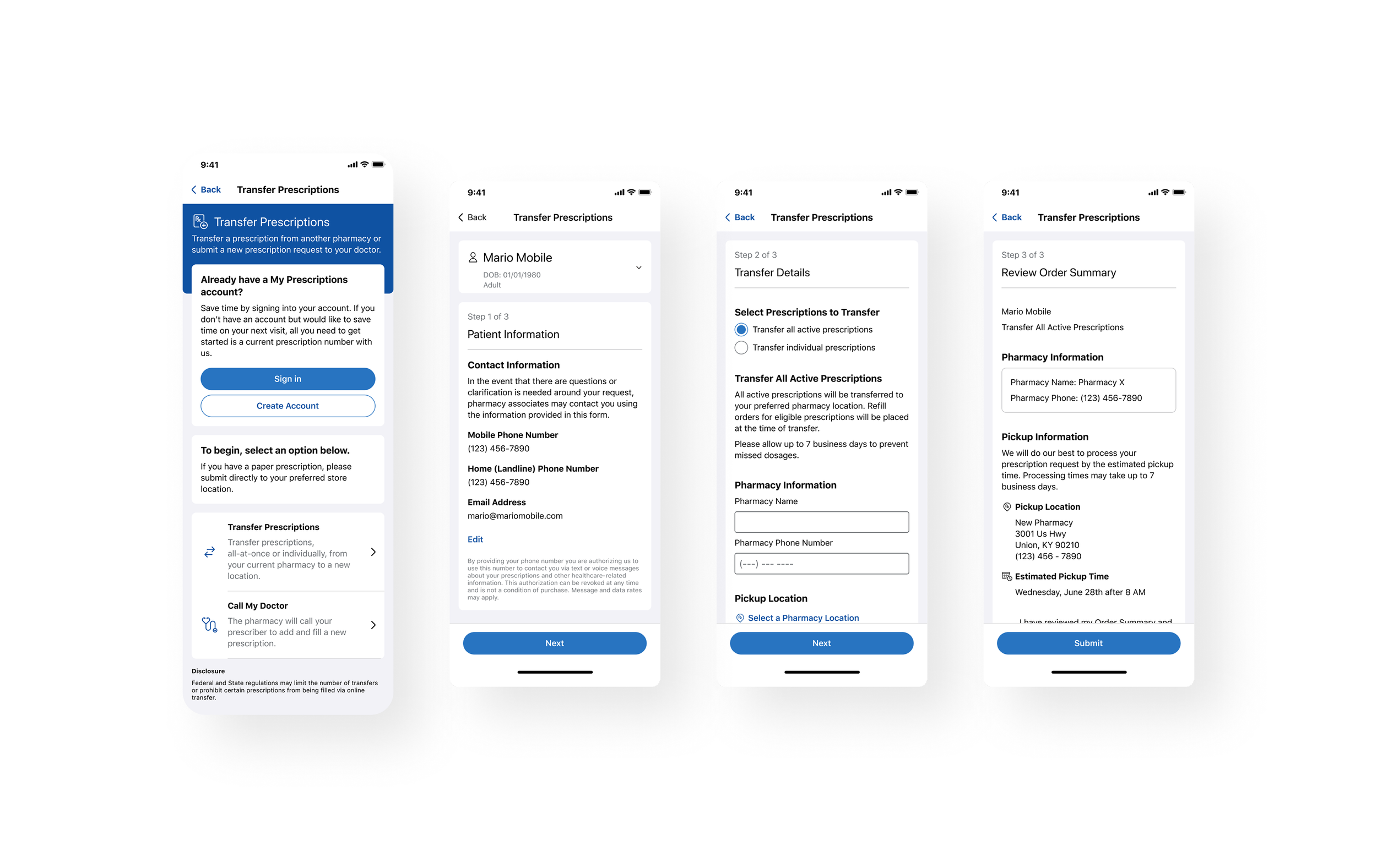 Four mocks depicting the redesigned transfer flow