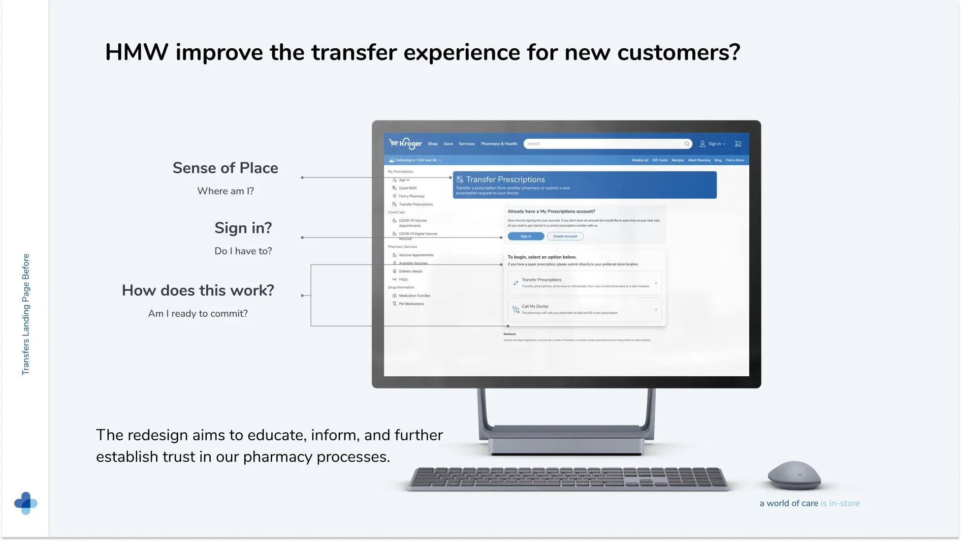 Research slide outlining transfers landing page opportunities for improvement