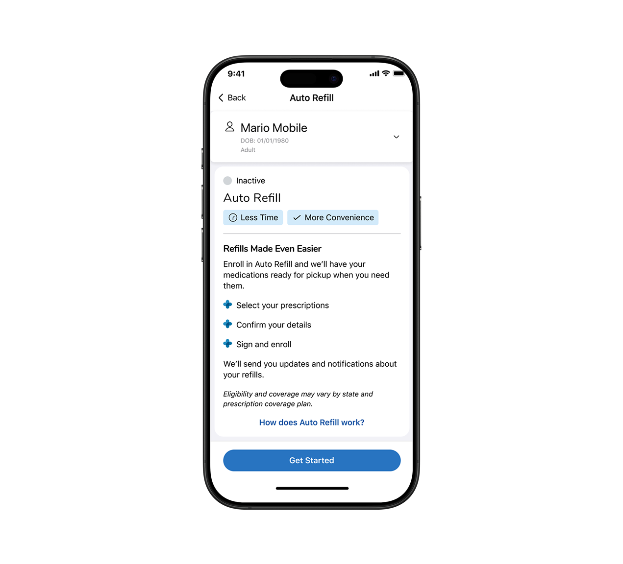 Auto Refill enrollment screen on a phone