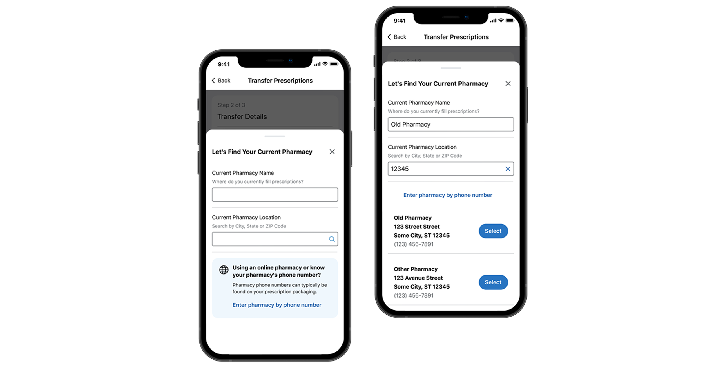 Two phone screens showing the competitor pharmacy search feature
