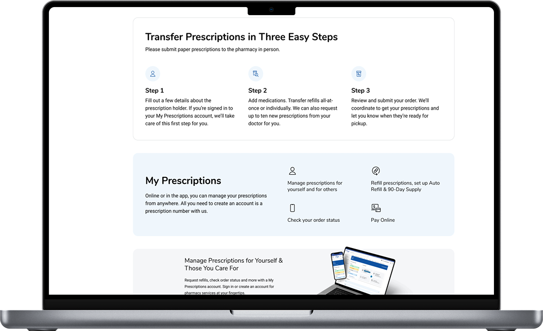 Redesigned prescription transfers landing screen scrolled to process description on a laptop