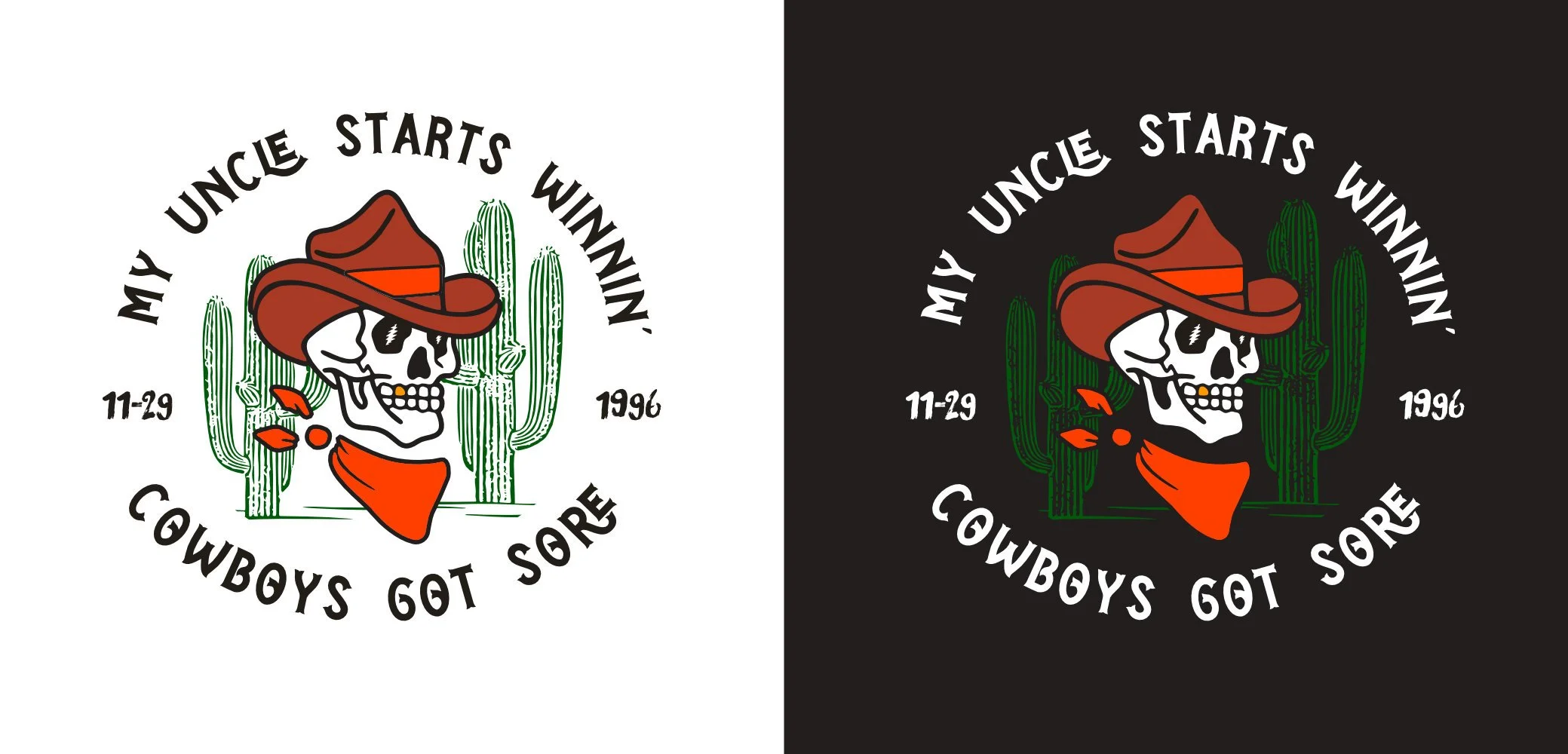 Final artwork presented on light and dark backgrounds to illustrate print clarity, line work, and color consistency independent of mockups.