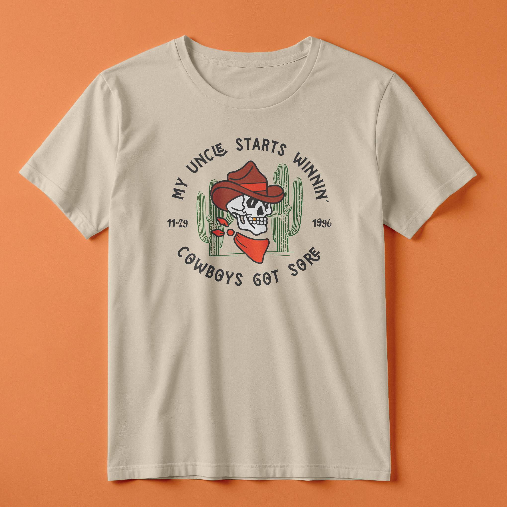 Final t-shirt mockup on a light garment, demonstrating color balance, contrast, and wearability in a neutral palette.