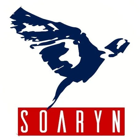 A stylized illustration of a bird in flight above the word 'SOARYN' in red text.