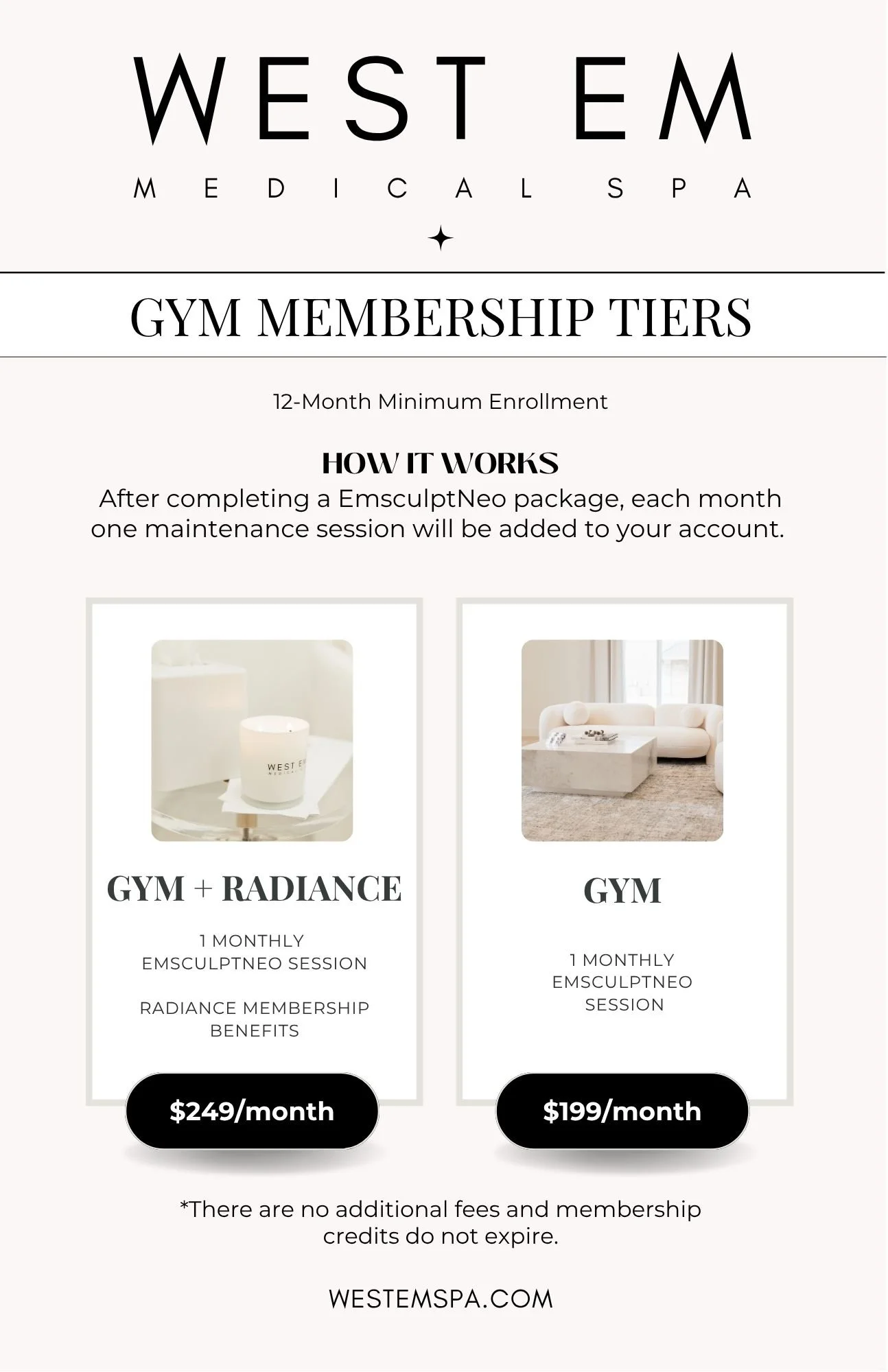 Menu showing West Em Medical Spa gym membership options: Gym membership $149/month and Gym + Radiance $199/month, including EmsculptNeo session