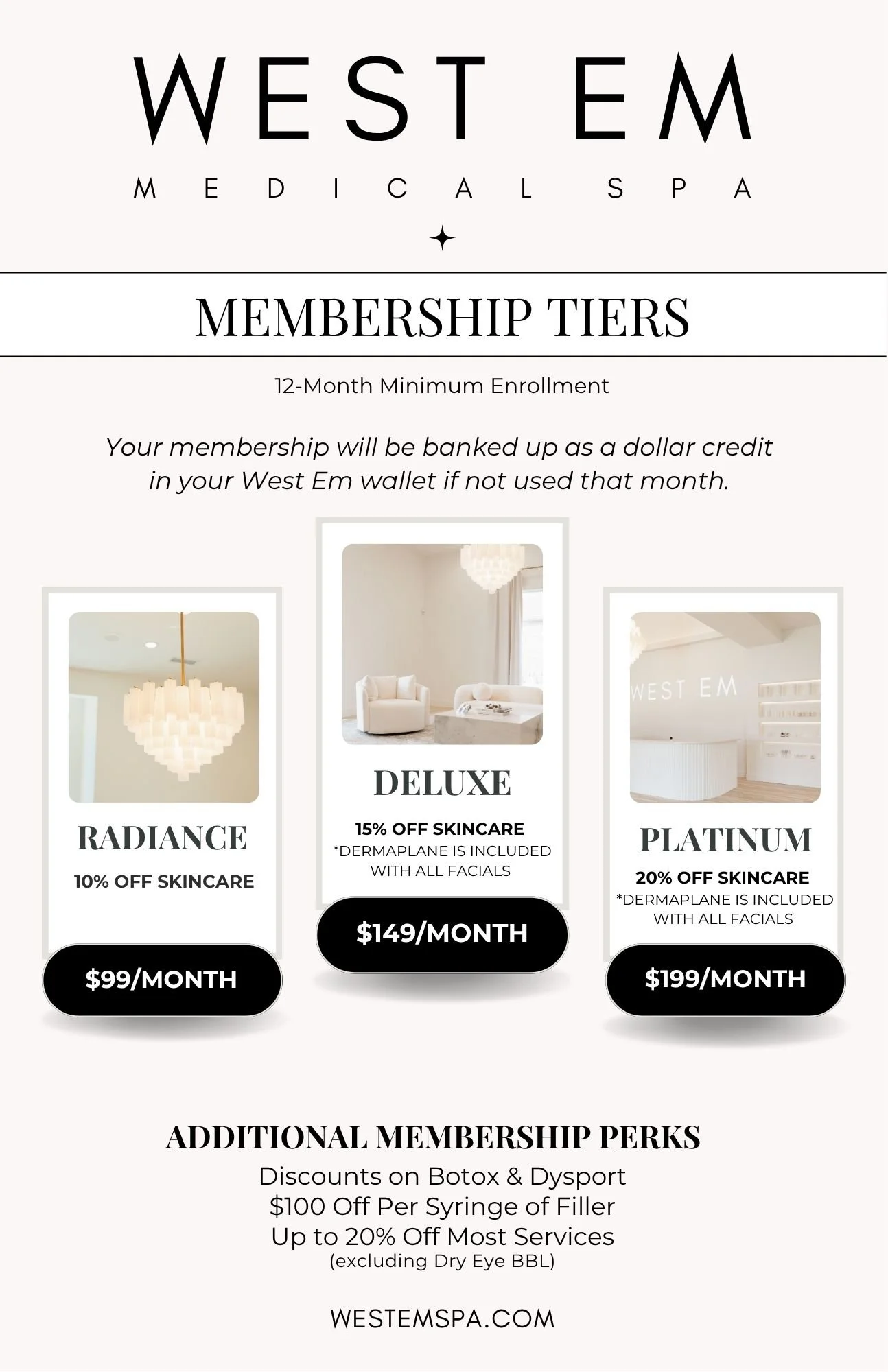 Menu displaying West Em Medical Spa membership tiers: Radiance, Deluxe, and Platinum, ranging from $99 to $199 per month with available discounts
