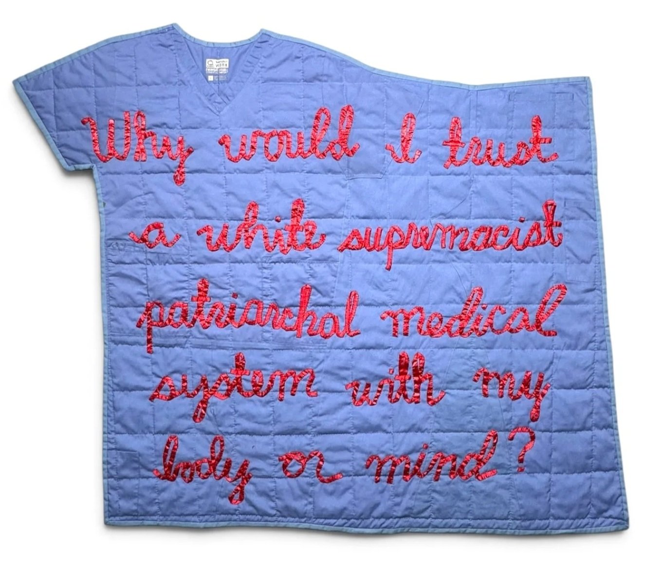 "Tell Me" hand stitched satin on thrifted scrubs 8-9 2026
