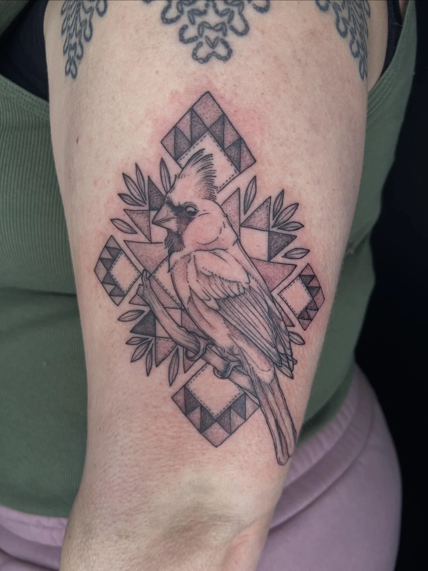 Cardinal with quilt pattern for A ❤️🪶
.
.
.
.
#birdtattoo #naturetattoo #michigantattooartist #femaletattooist #queertattooartist